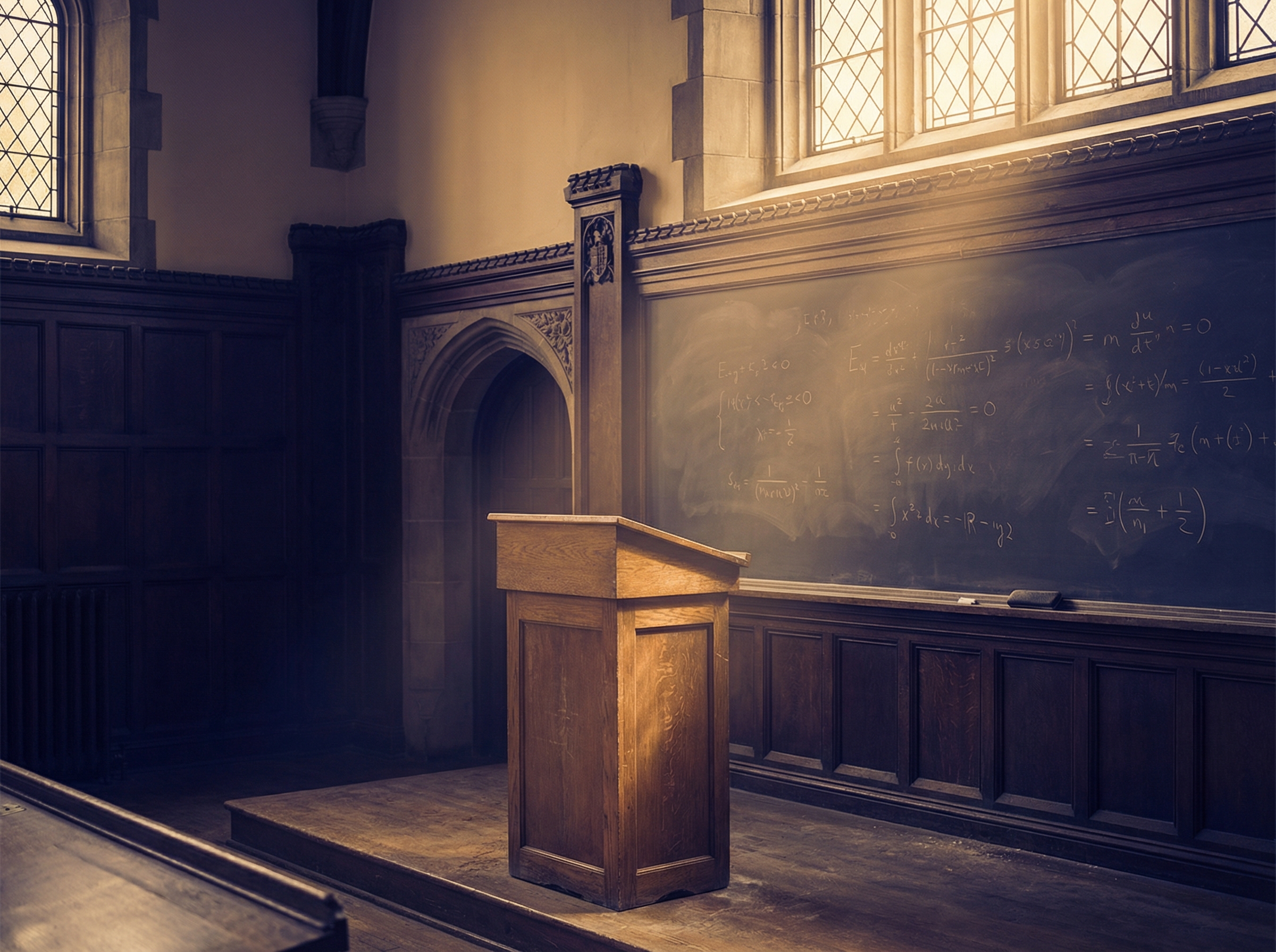 A university campus quad split down the middle, one half bright and welcoming, the other darkened with warning flags