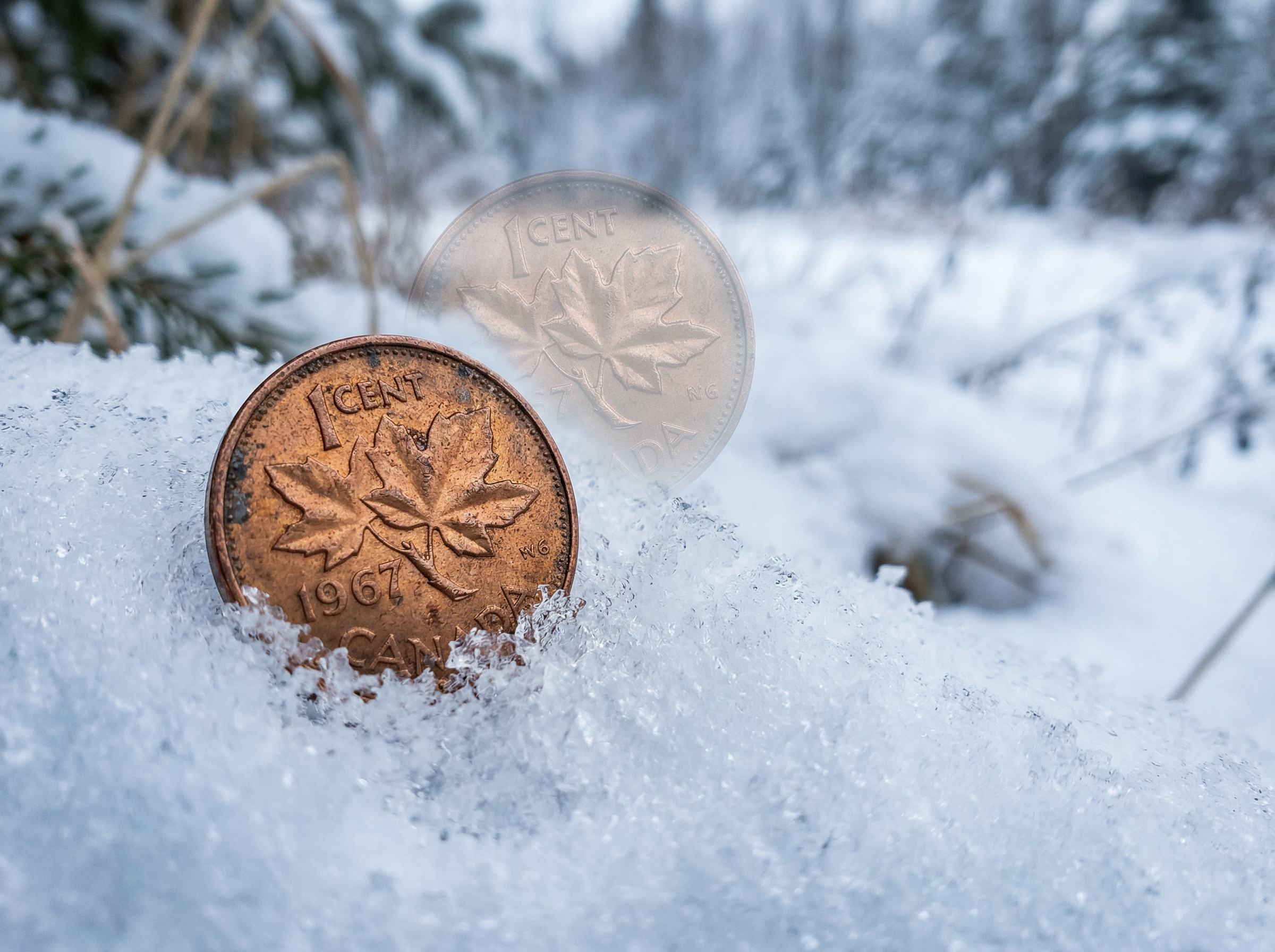 A Canadian maple leaf penny partially buried in snow, symbolizing a coin forgotten by a nation that moved on