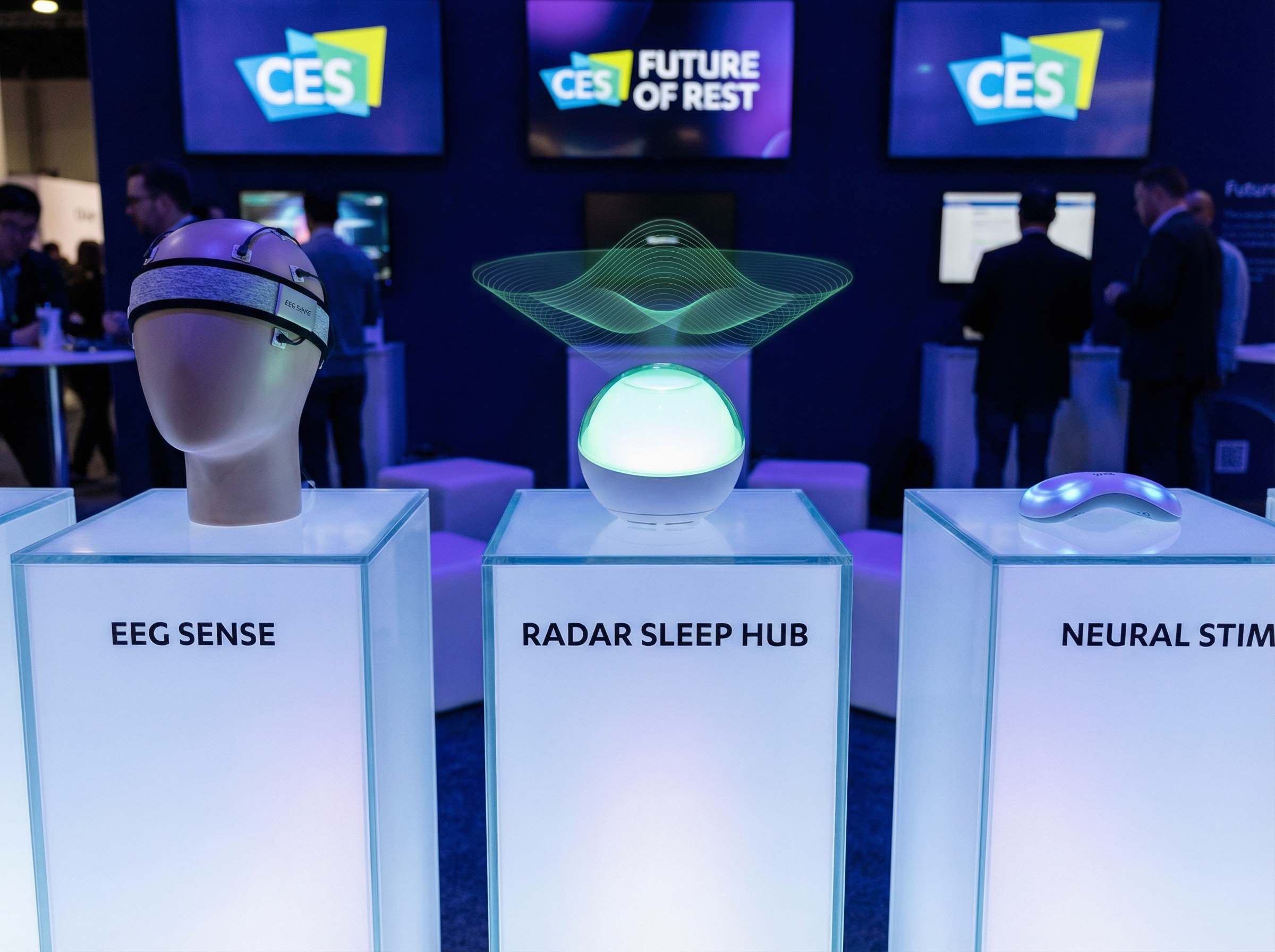Array of futuristic sleep technology devices on display pedestals at CES
