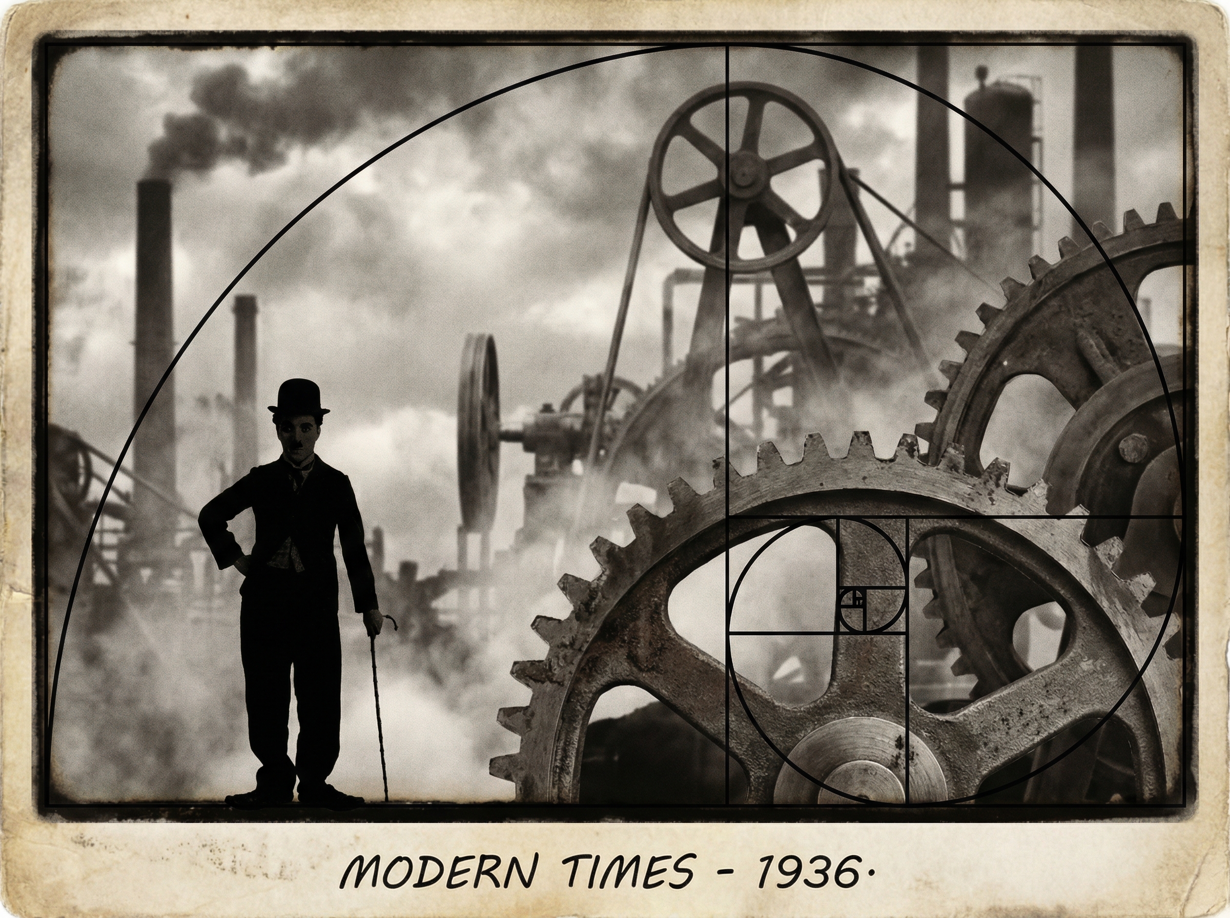 The Little Tramp silhouette against industrial machinery