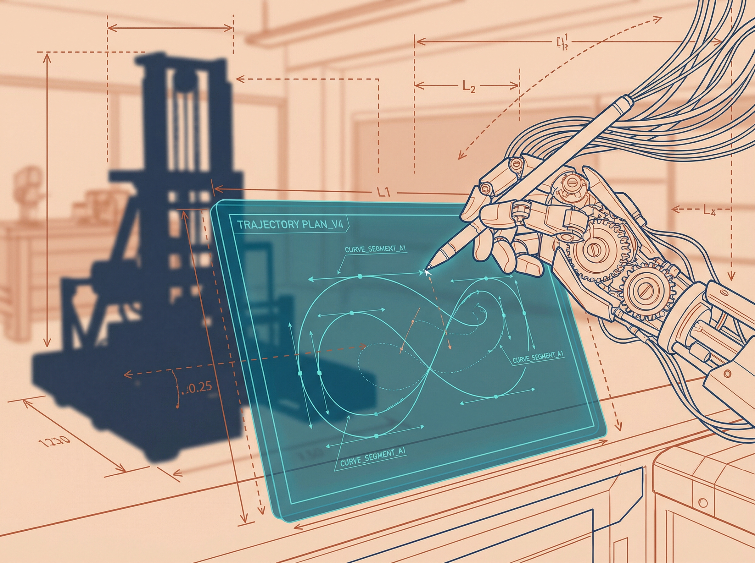 Robotic arm drawing path trajectories on holographic display