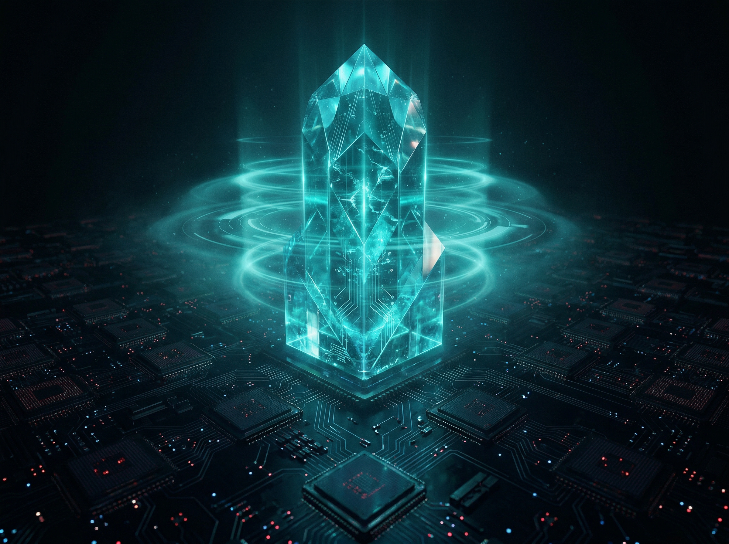 A single glowing processor core rendered as a luminous teal crystal tower rising above smaller cores