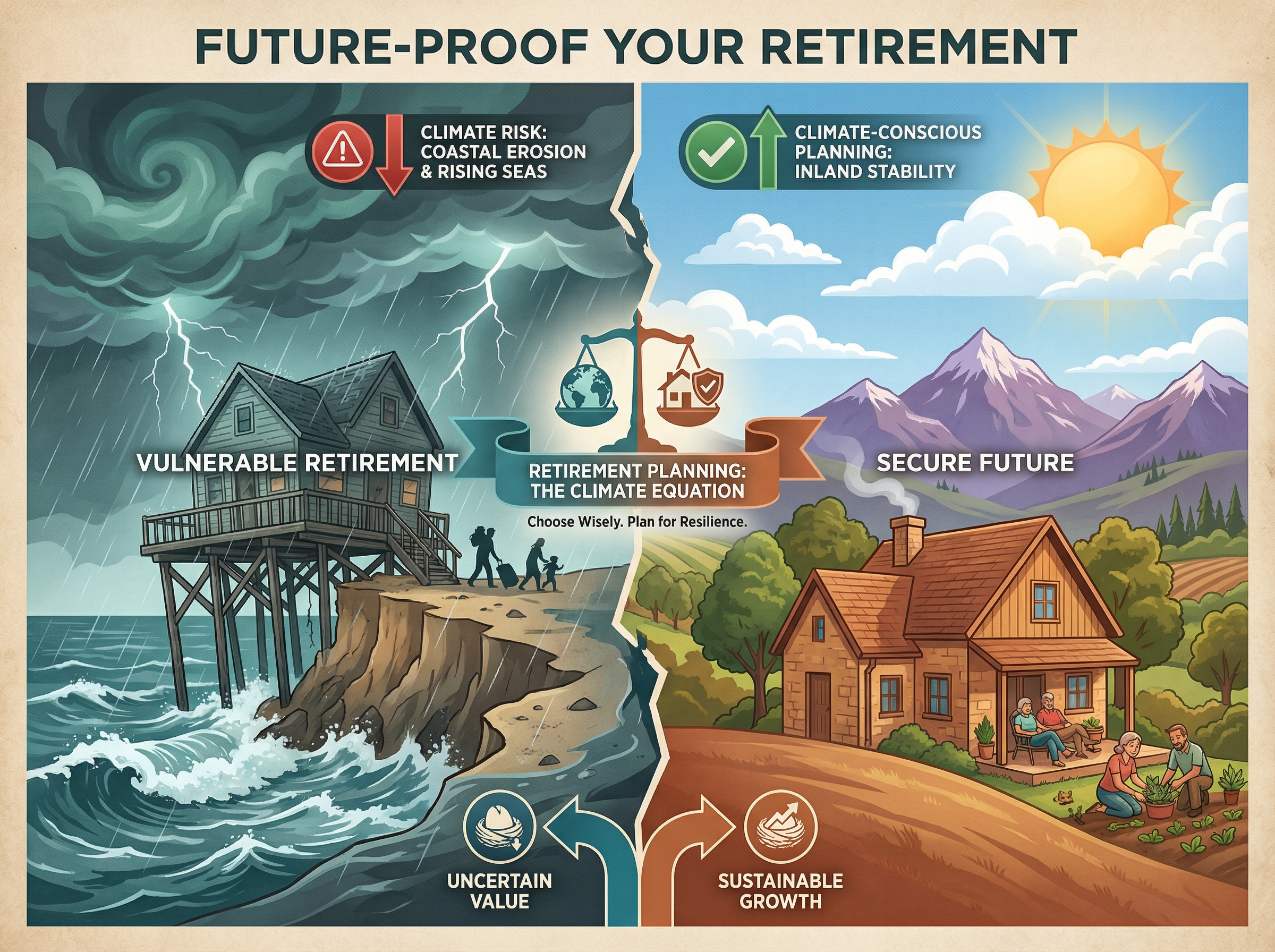 Split composition showing climate risk contrast between coastal and inland homes