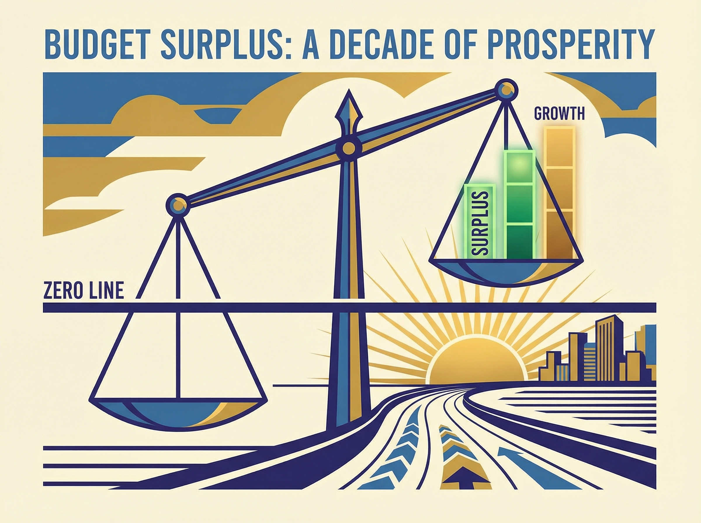 Abstract visualization of budget surplus with balanced scales and rising green bars