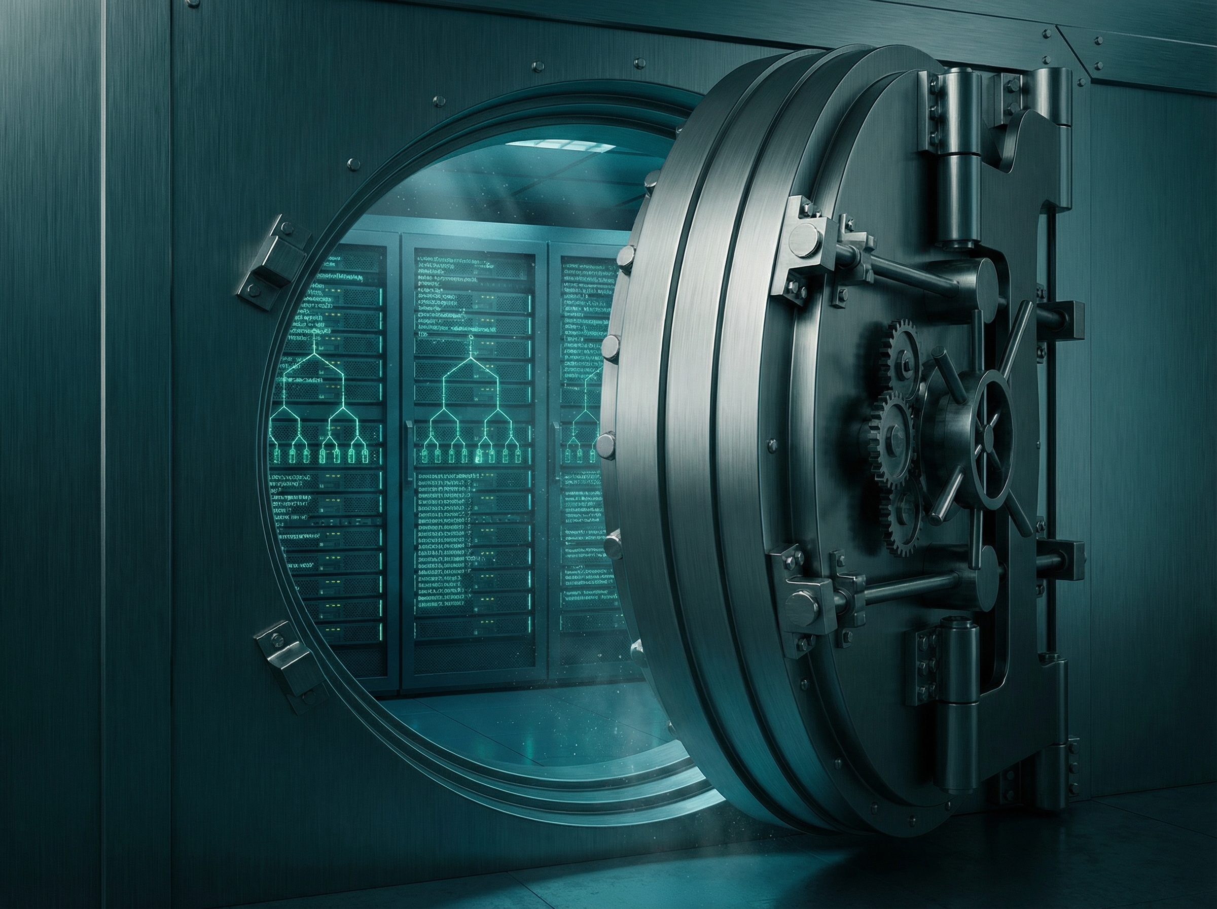 Abstract visualization of four interconnected compute nodes with luminous green bridges