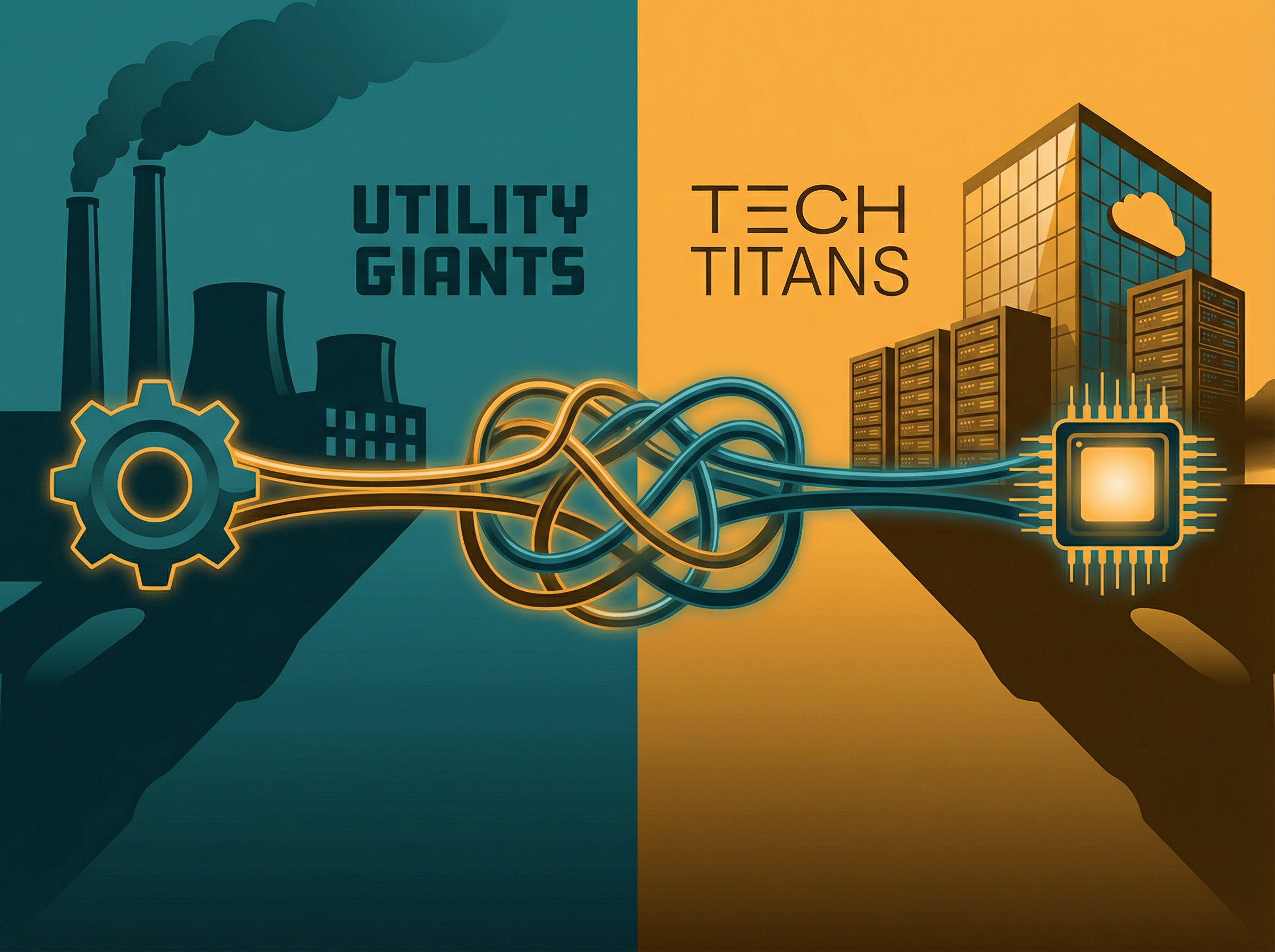 Split image showing tension between traditional utility infrastructure and modern data centers connected by tangled power lines