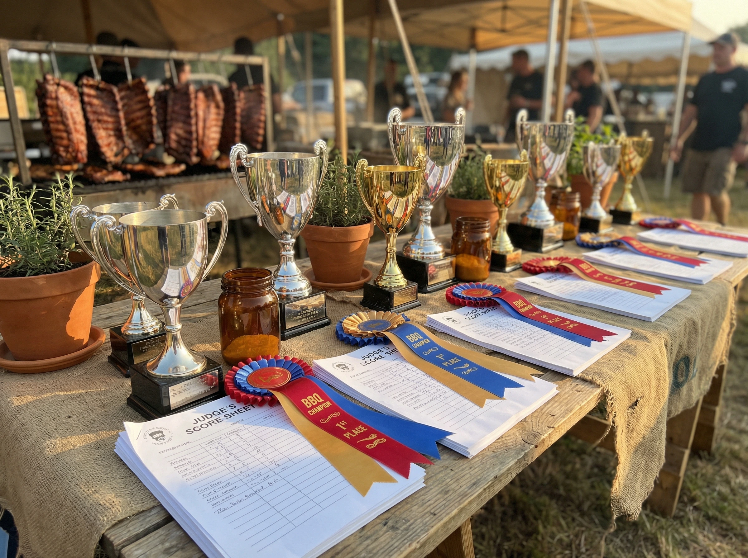 BBQ competition trophies and ribbons on rustic wood table with scoring sheets