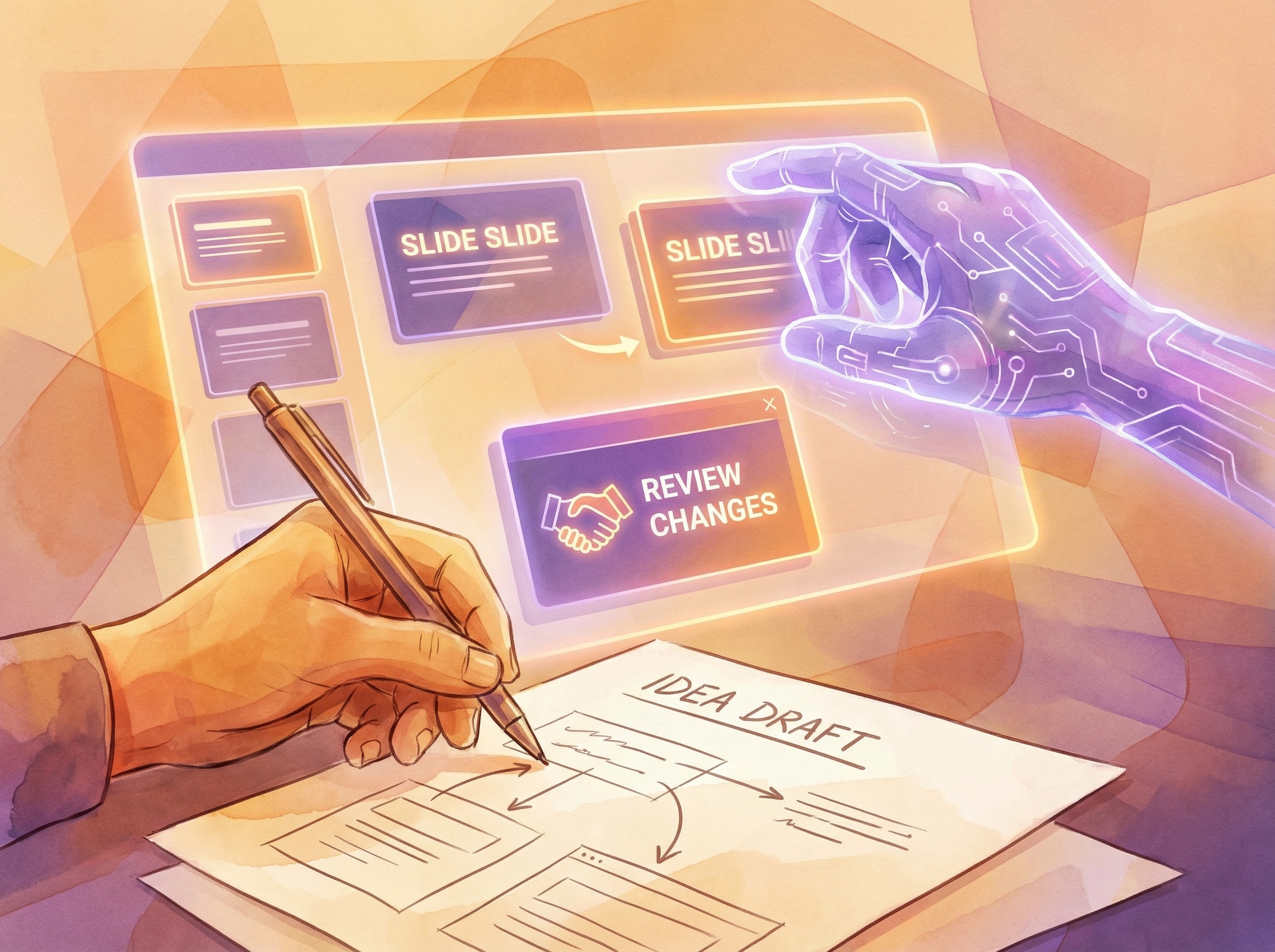 Two hands working on a presentation — one human hand sketching ideas, one translucent AI hand rearranging slide elements, with a Review Changes dialog floating between them