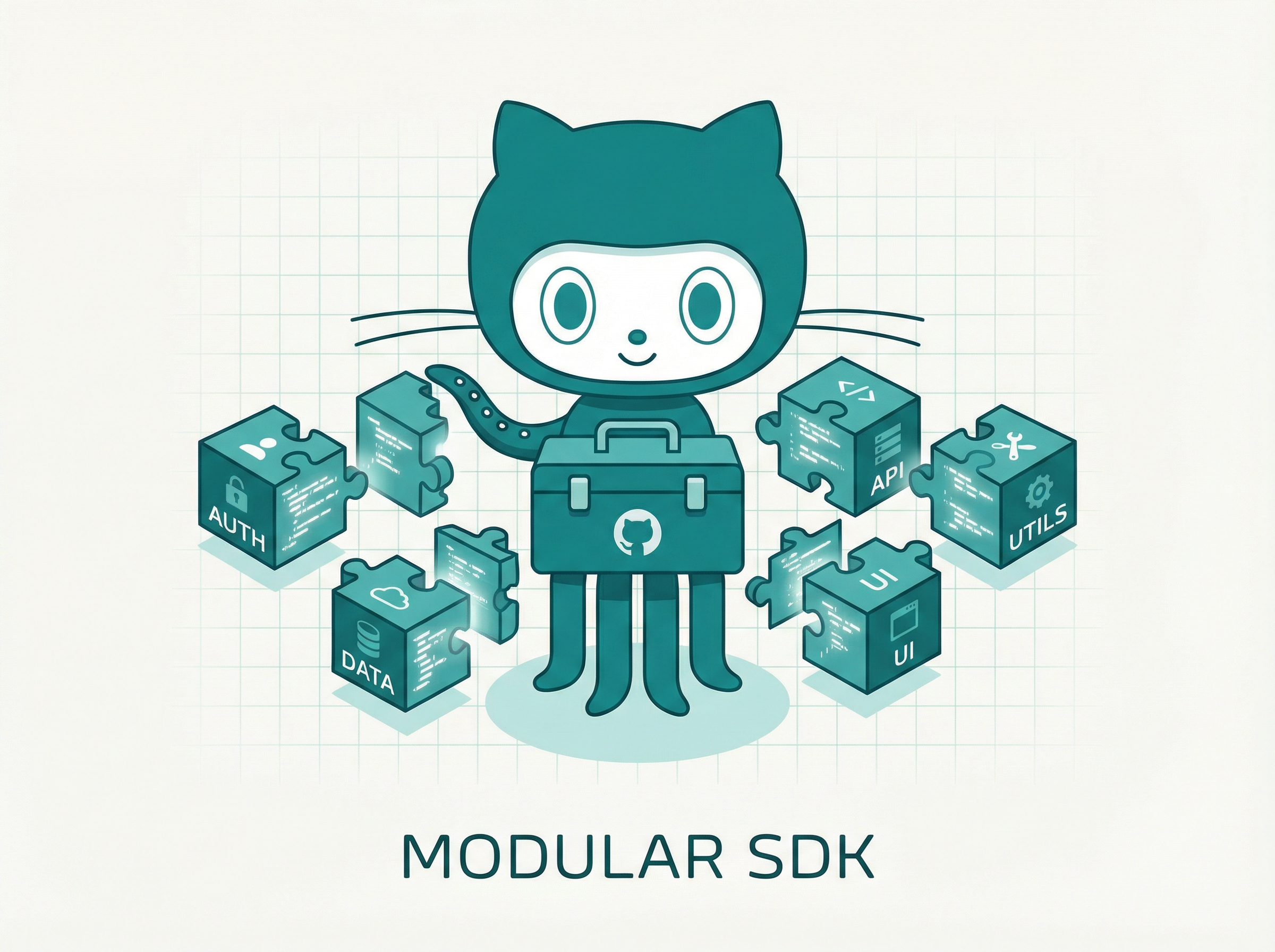 GitHub Octocat transforming into modular SDK toolkit pieces