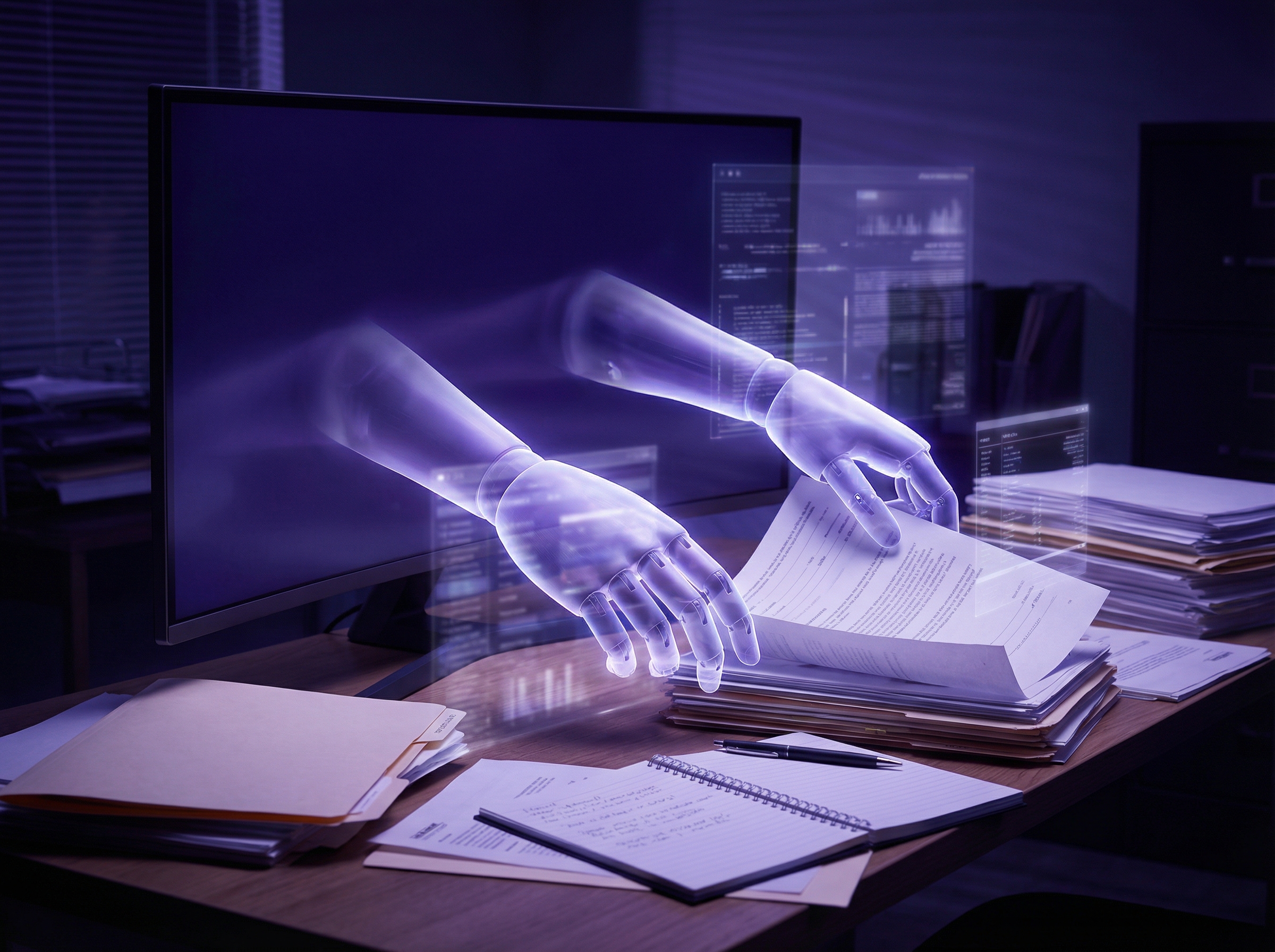 Digital assistant reaching through screen to organize files in a physical workspace