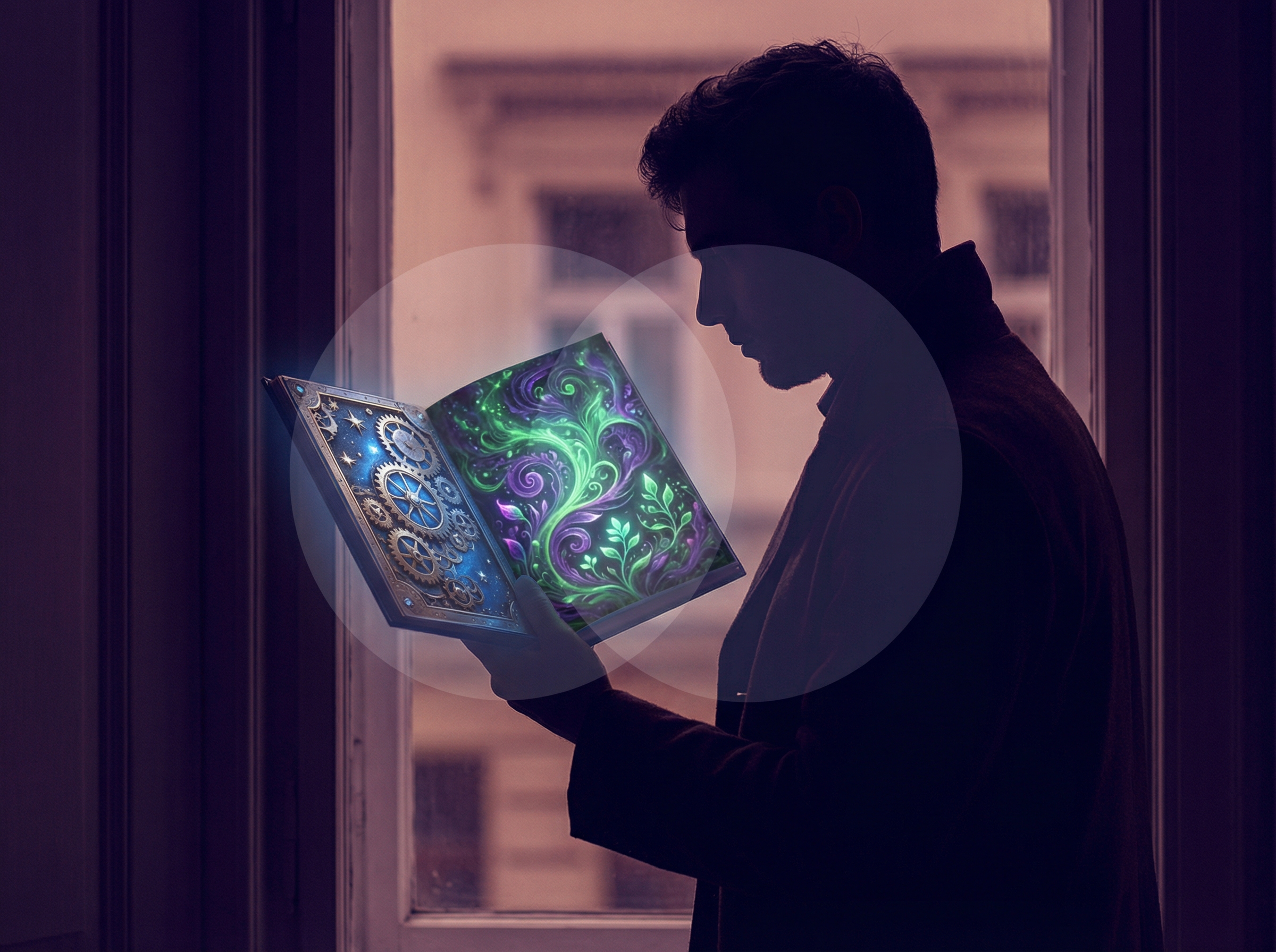 A reader silhouette holding a book that is half science fiction, half fantasy