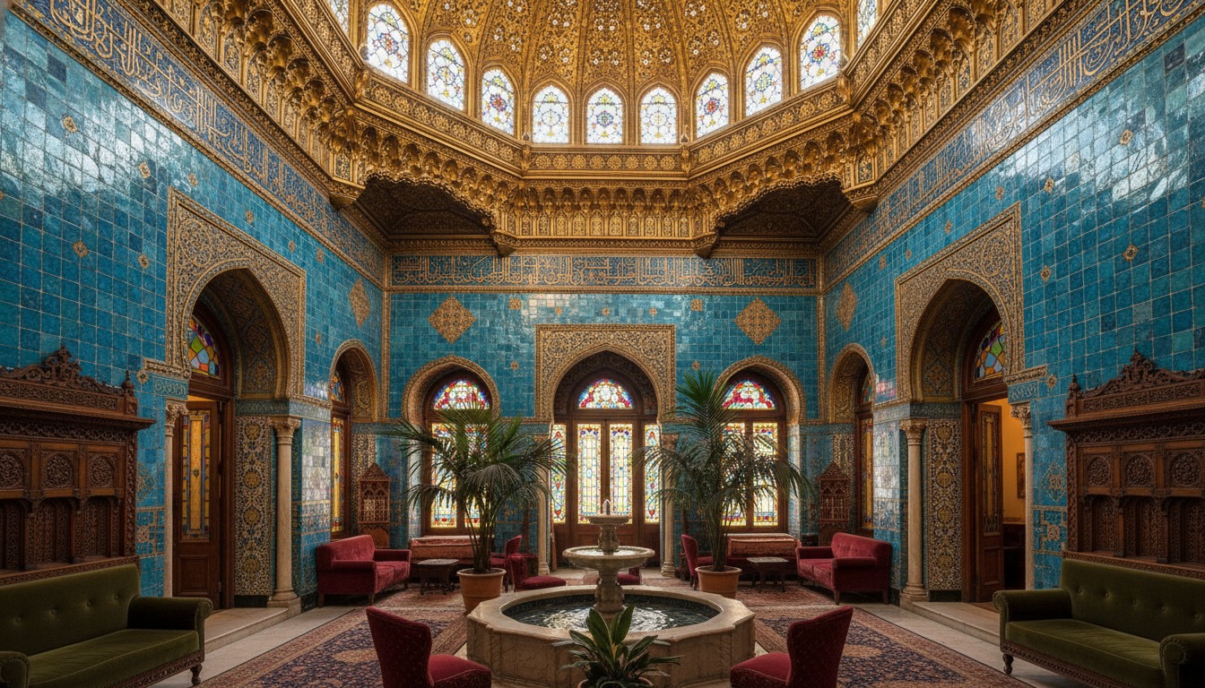 Interior of Leighton House Arab Hall, shimmering blue Islamic tiles and golden dome ceiling