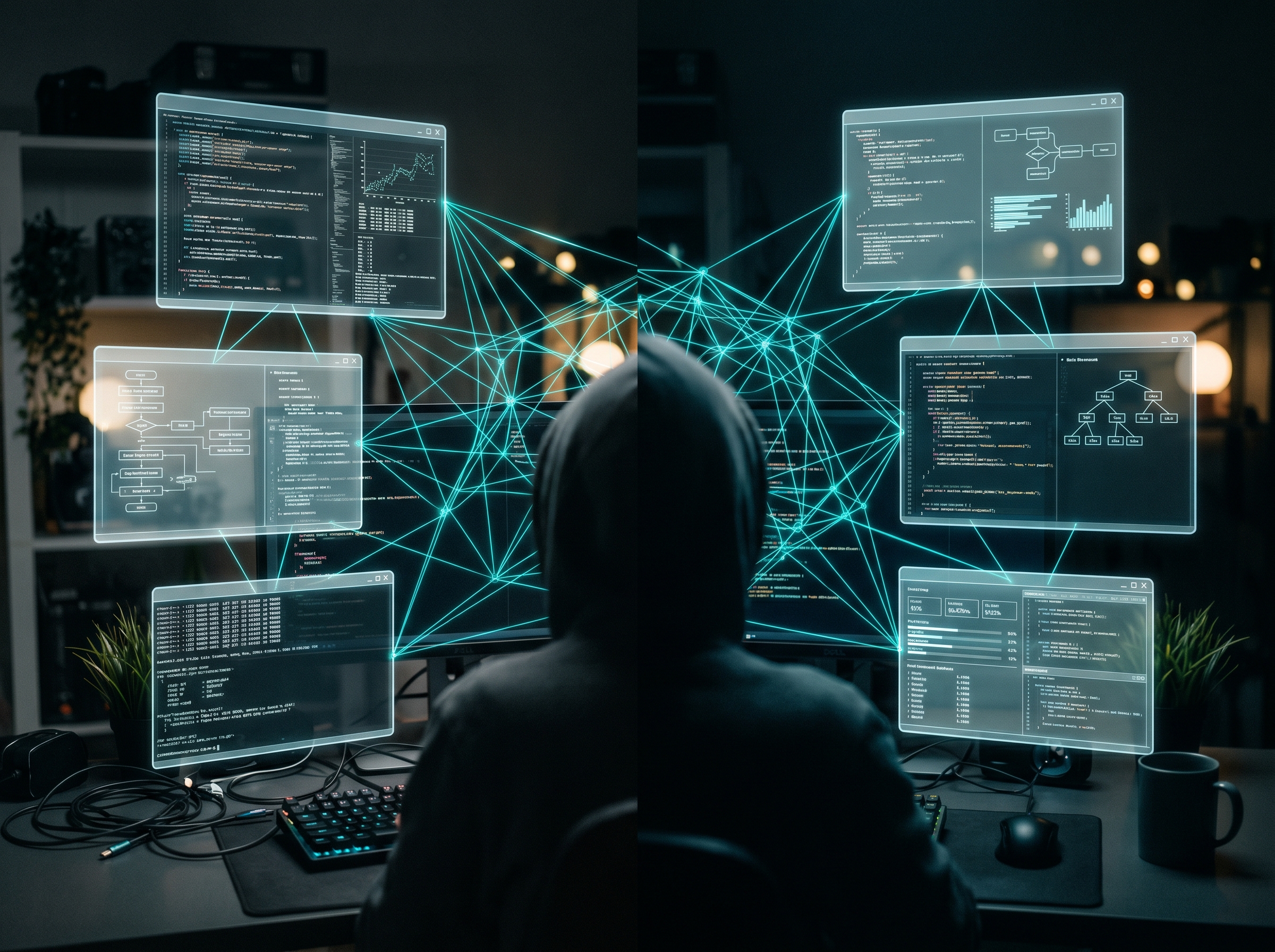 Multiple translucent windows floating in a dark workspace with teal connection lines linking them like a neural network