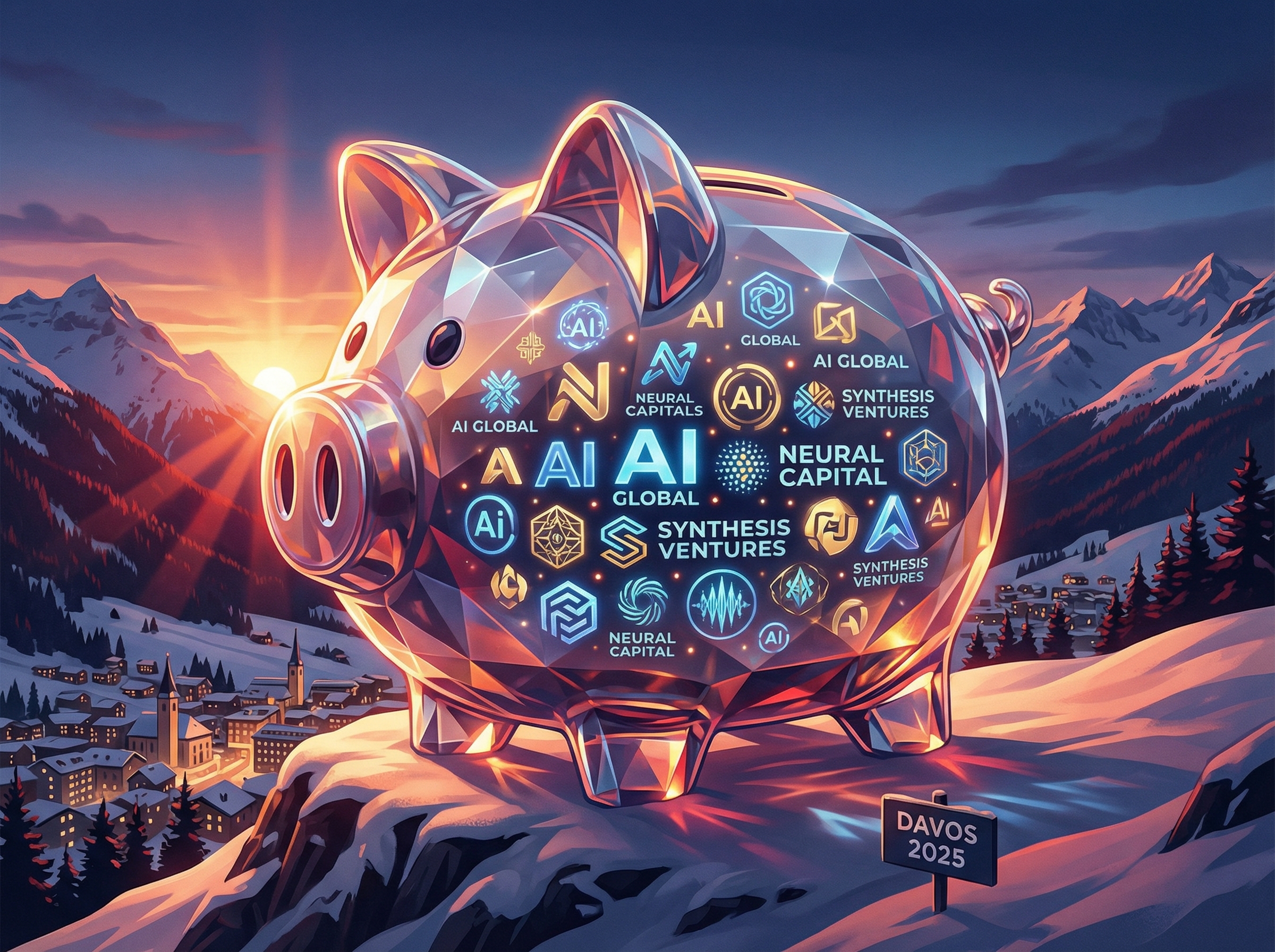 Crystal piggy bank filled with AI company logos against Swiss Alps backdrop
