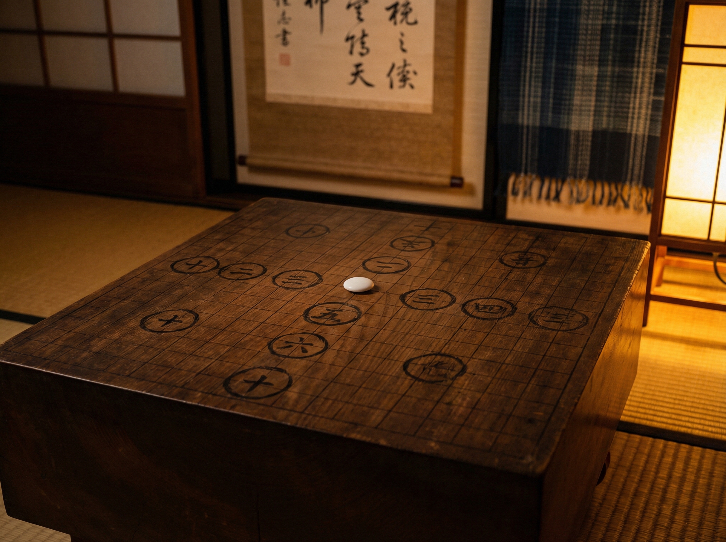 Ancient goban board with white stone surrounded by ten years marked in circles
