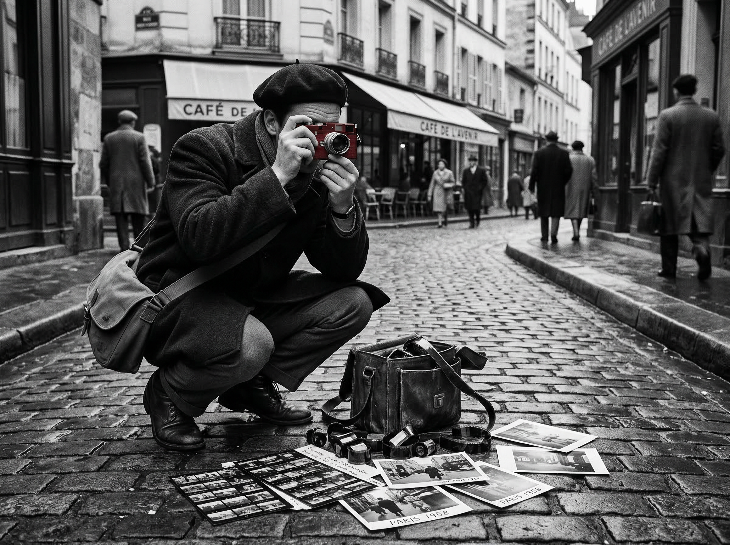 A 1950s photojournalist crouching on a cobblestone Parisian street with a Leica M3 raised to eye, contact sheets scattered nearby