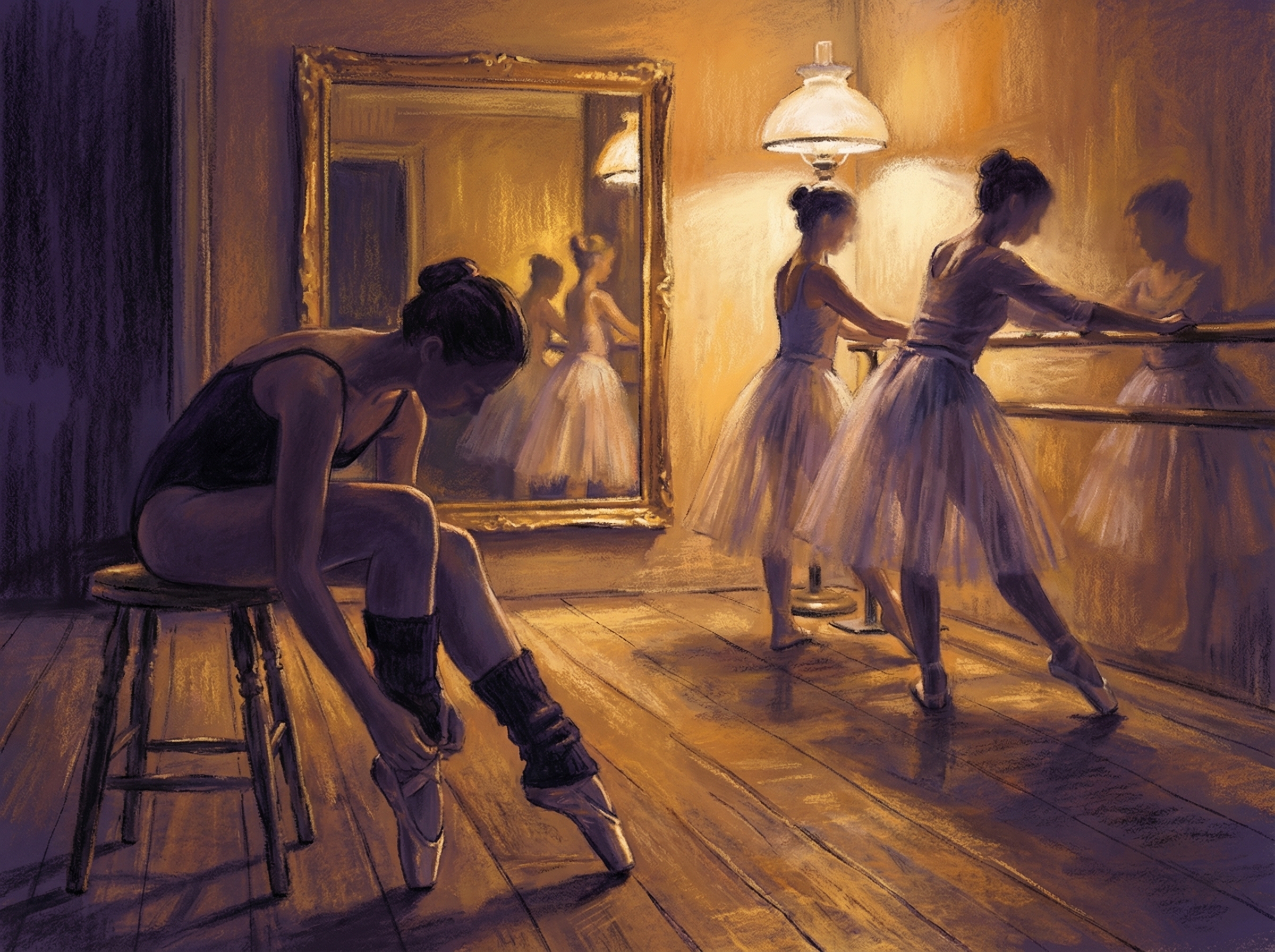 Ballet dancers in a rehearsal studio, asymmetric composition with pastel textures