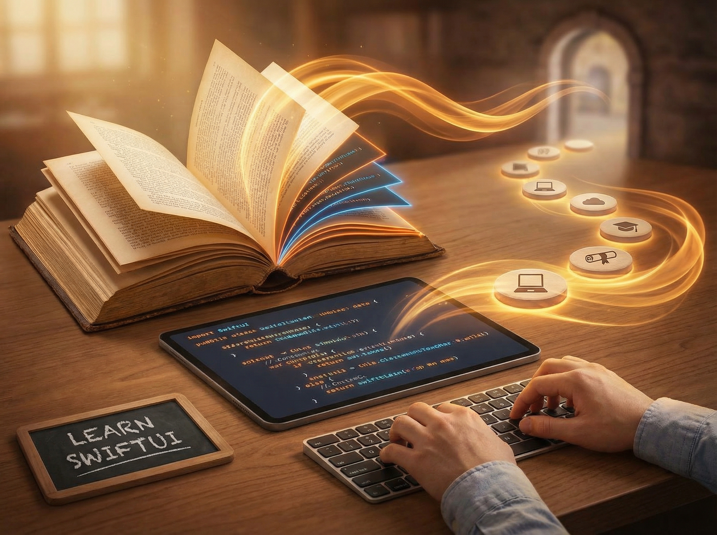 Open book transforming into SwiftUI code, representing learning
