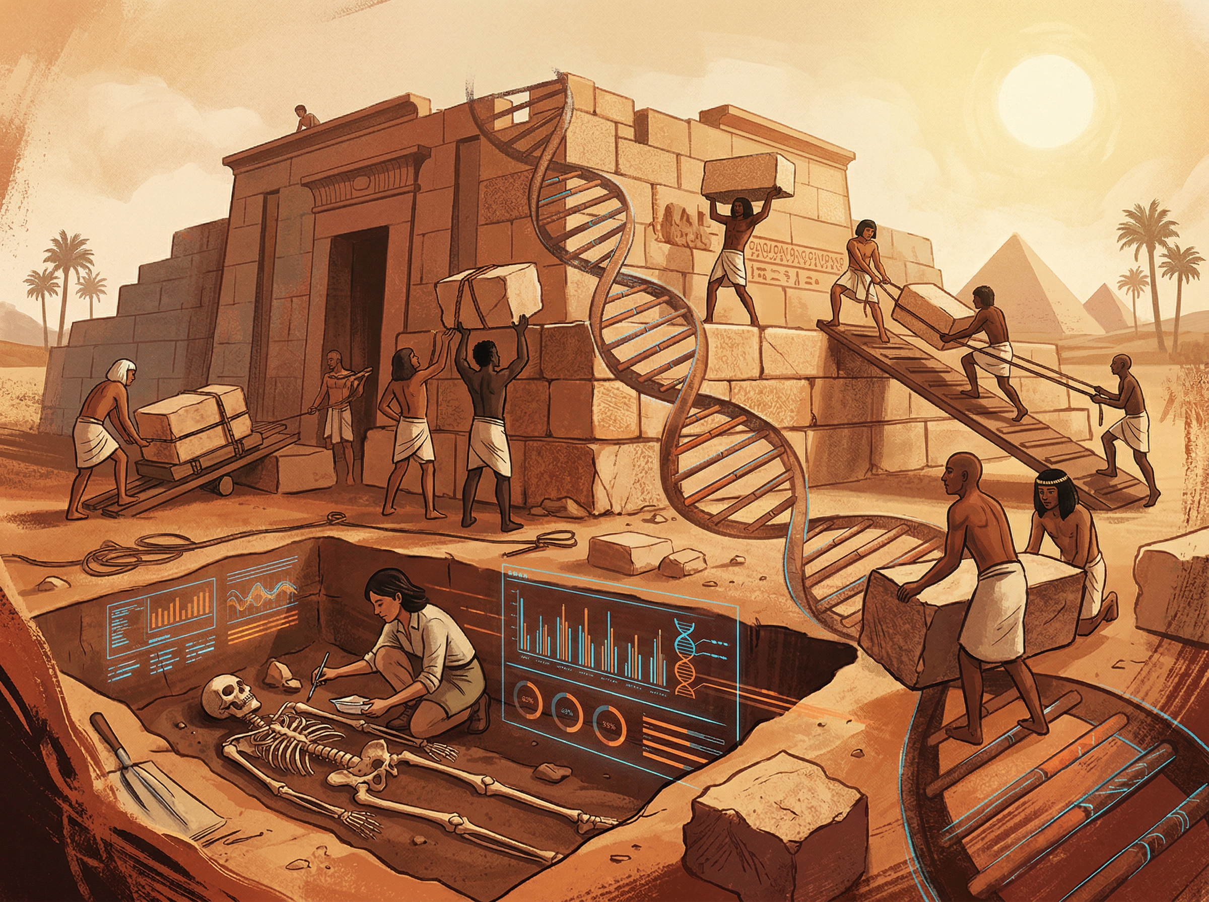 Archaeological illustration blending ancient Egyptian workers with modern DNA sequencing imagery