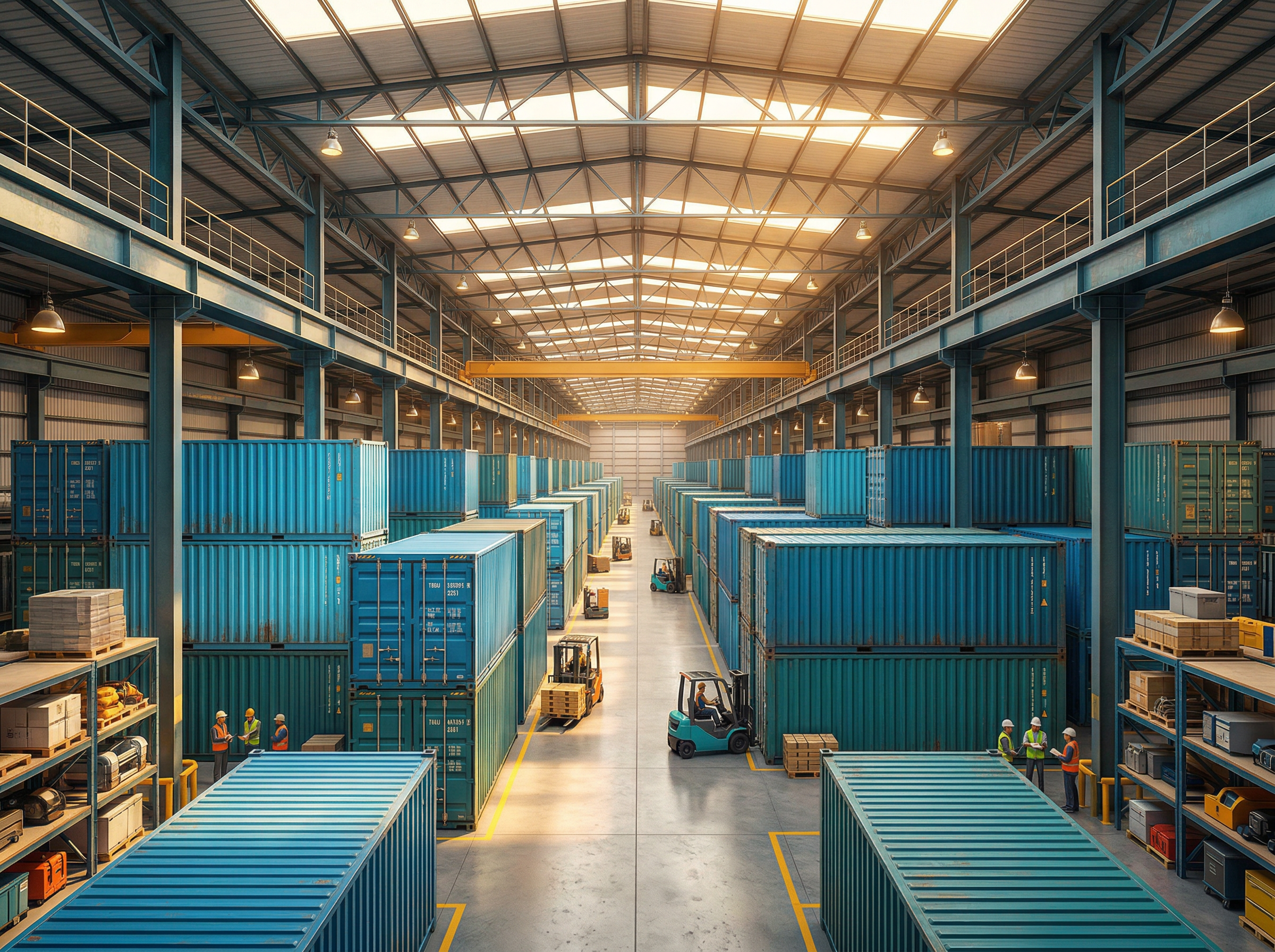 A massive open warehouse with rows of luminous shipping containers stretching to infinity under golden skylights