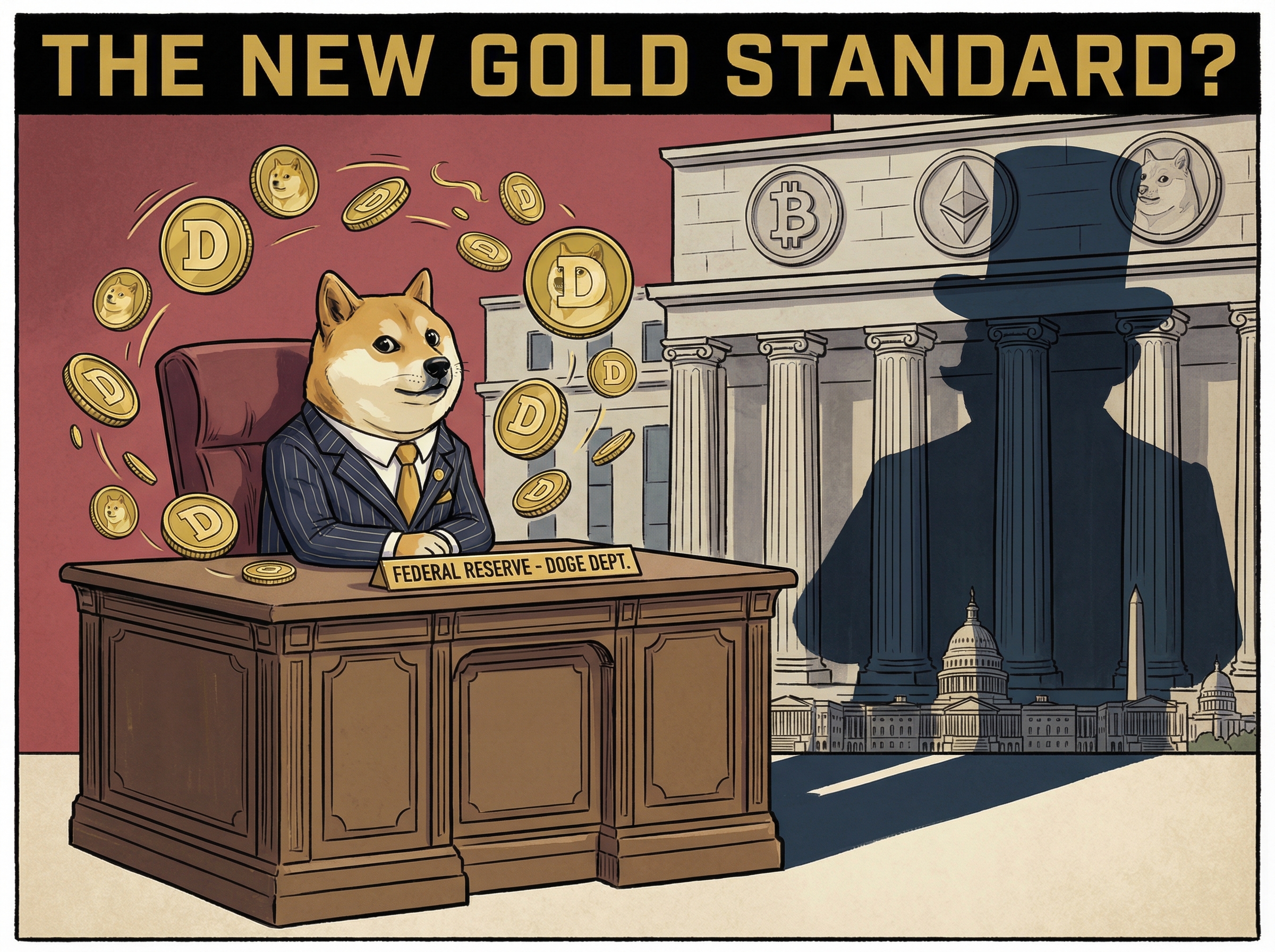 Satirical illustration of Shiba Inu dog in government office with crypto symbols