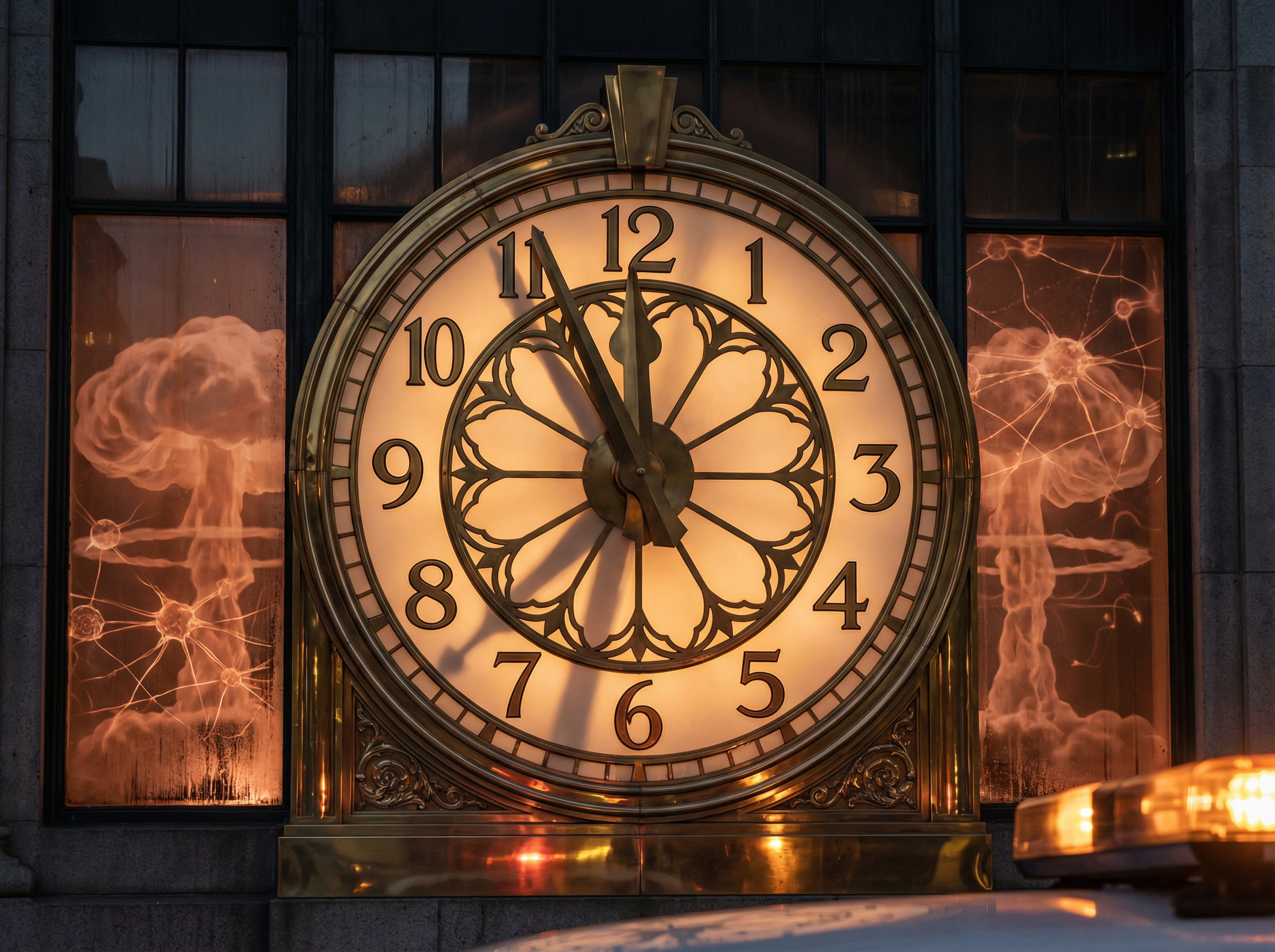A massive Art Deco clock face showing 85 seconds to midnight with ghostly imagery of mushroom clouds merging with neural network patterns