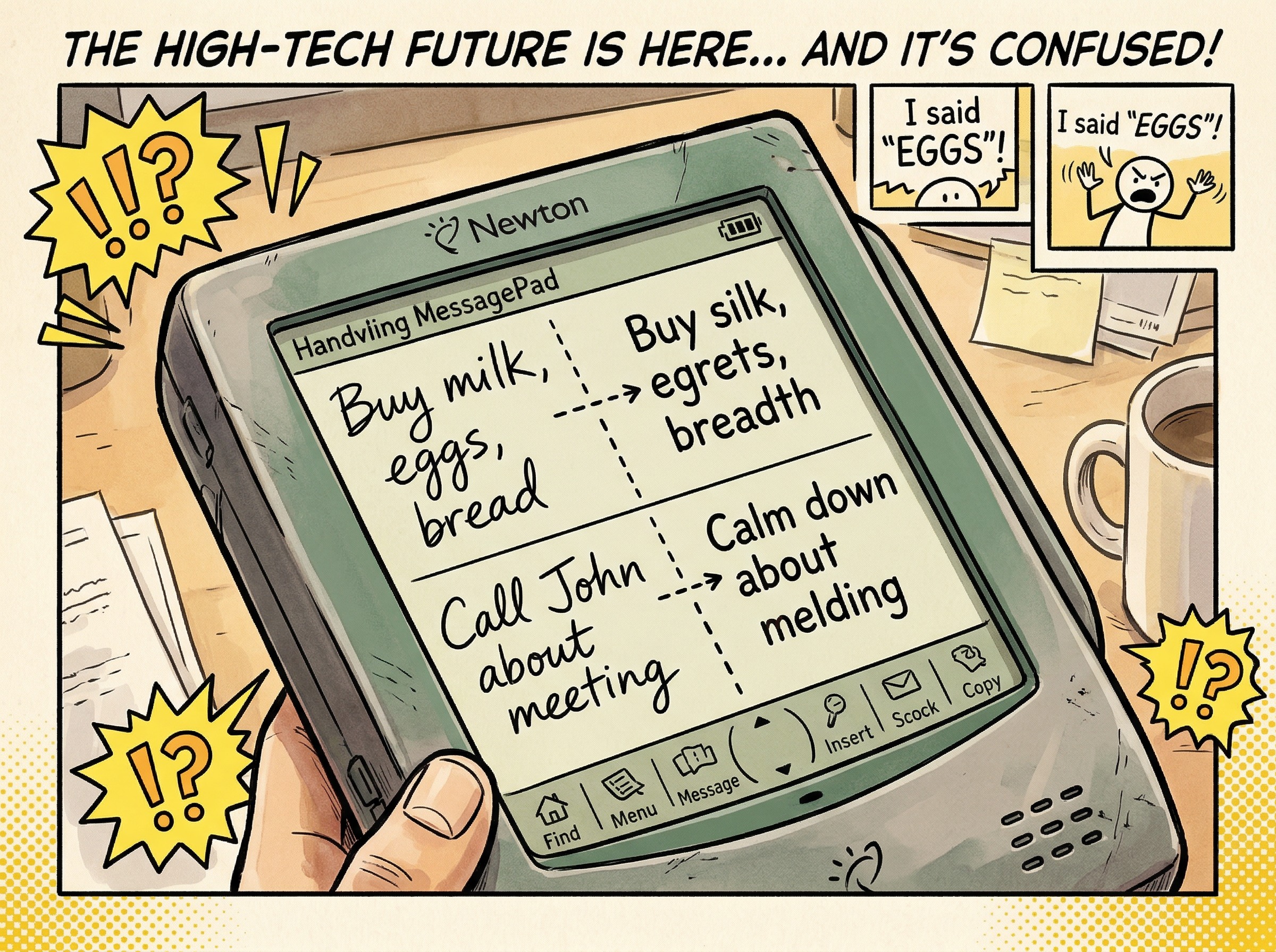 A Newton MessagePad screen showing garbled handwriting recognition with comic elements