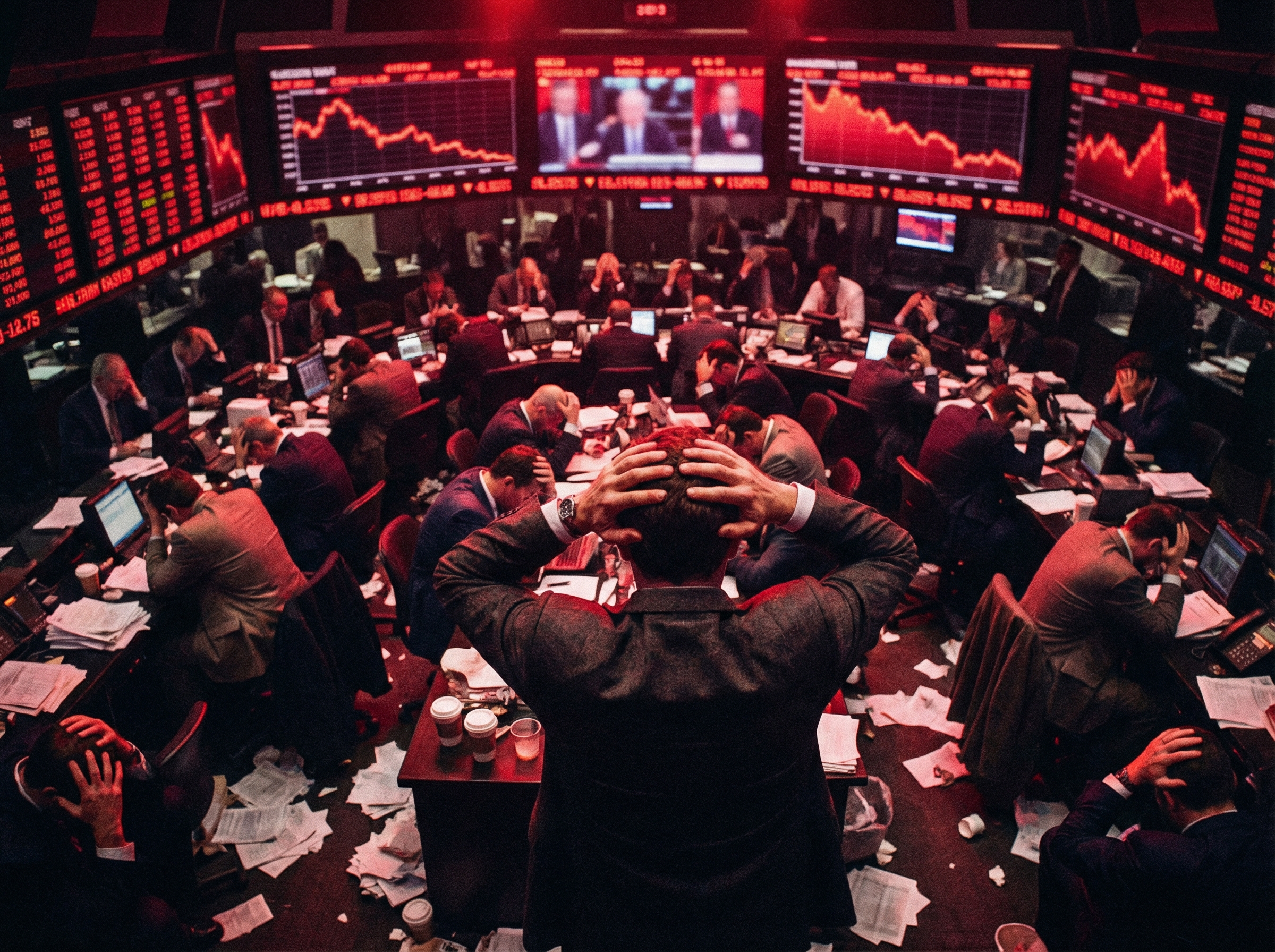 Stock market trading floor in chaos with cascading red numbers and traders in despair