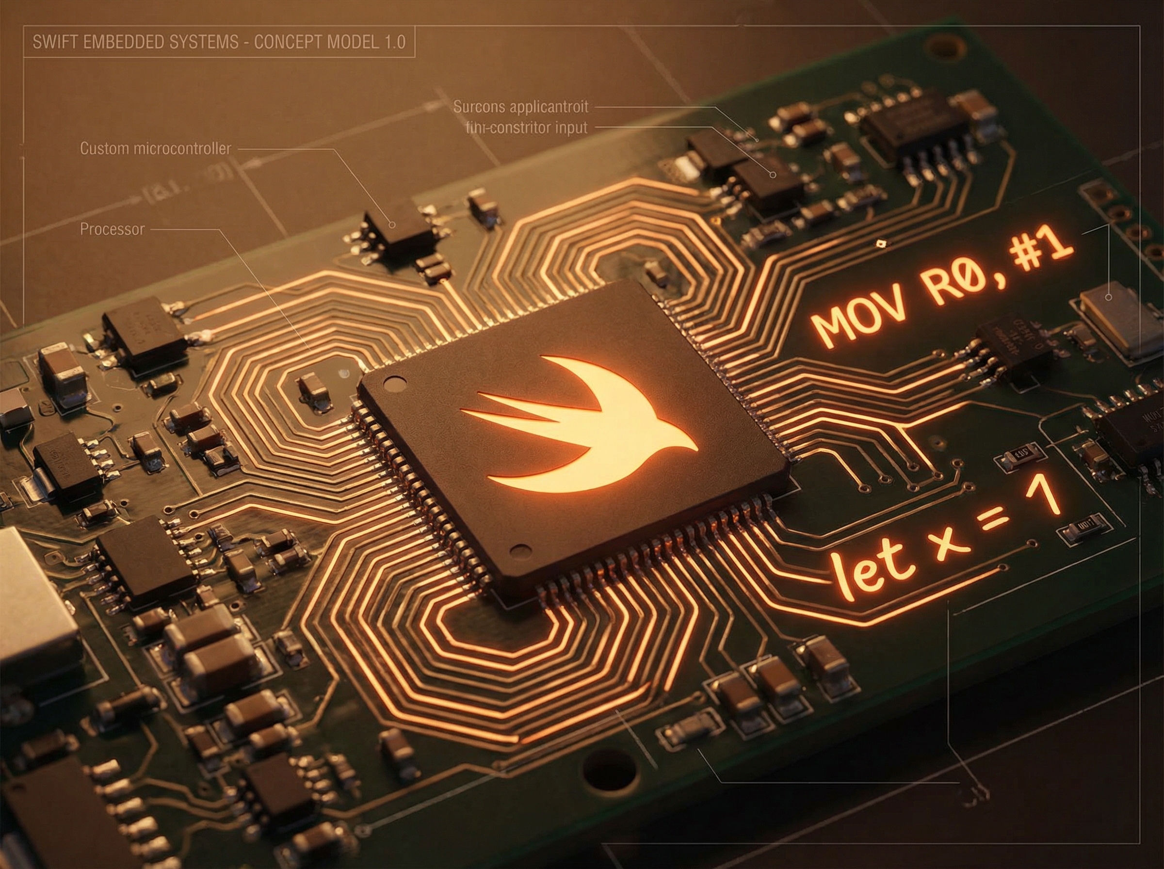Microcontroller circuit board with Swift orange glowing traces