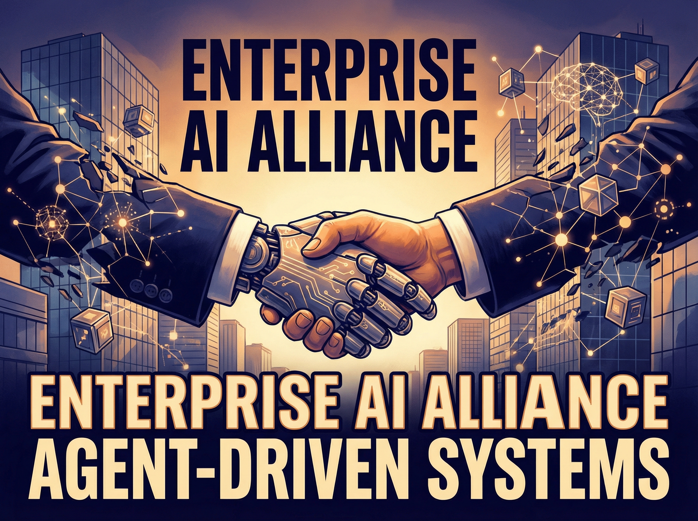 Corporate handshake dissolving into robotic hands, representing AI partnership