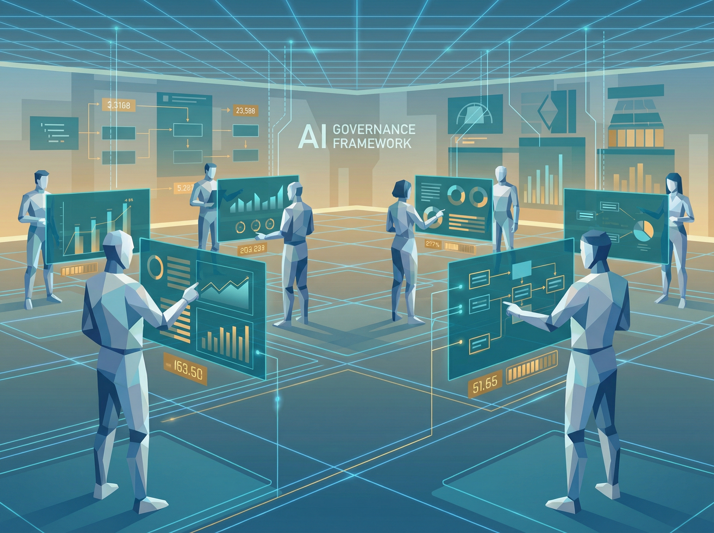 Abstract geometric figures working at floating dashboard screens in enterprise environment
