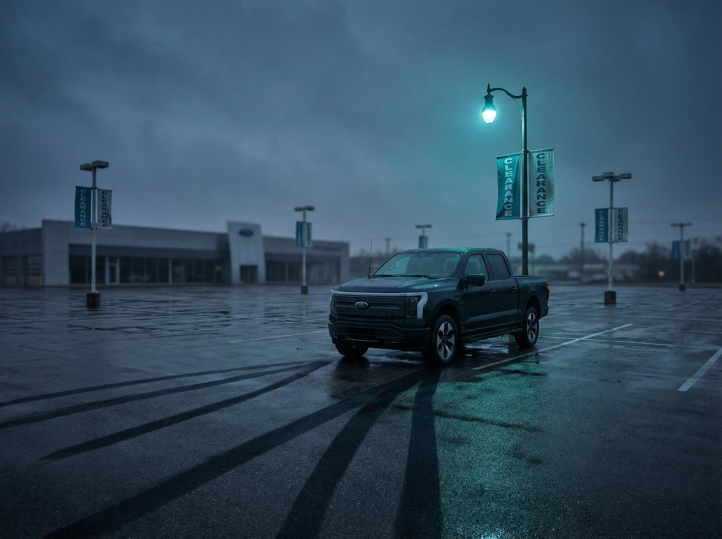 A lone electric pickup truck parked in an empty dealership lot under dramatic lighting
