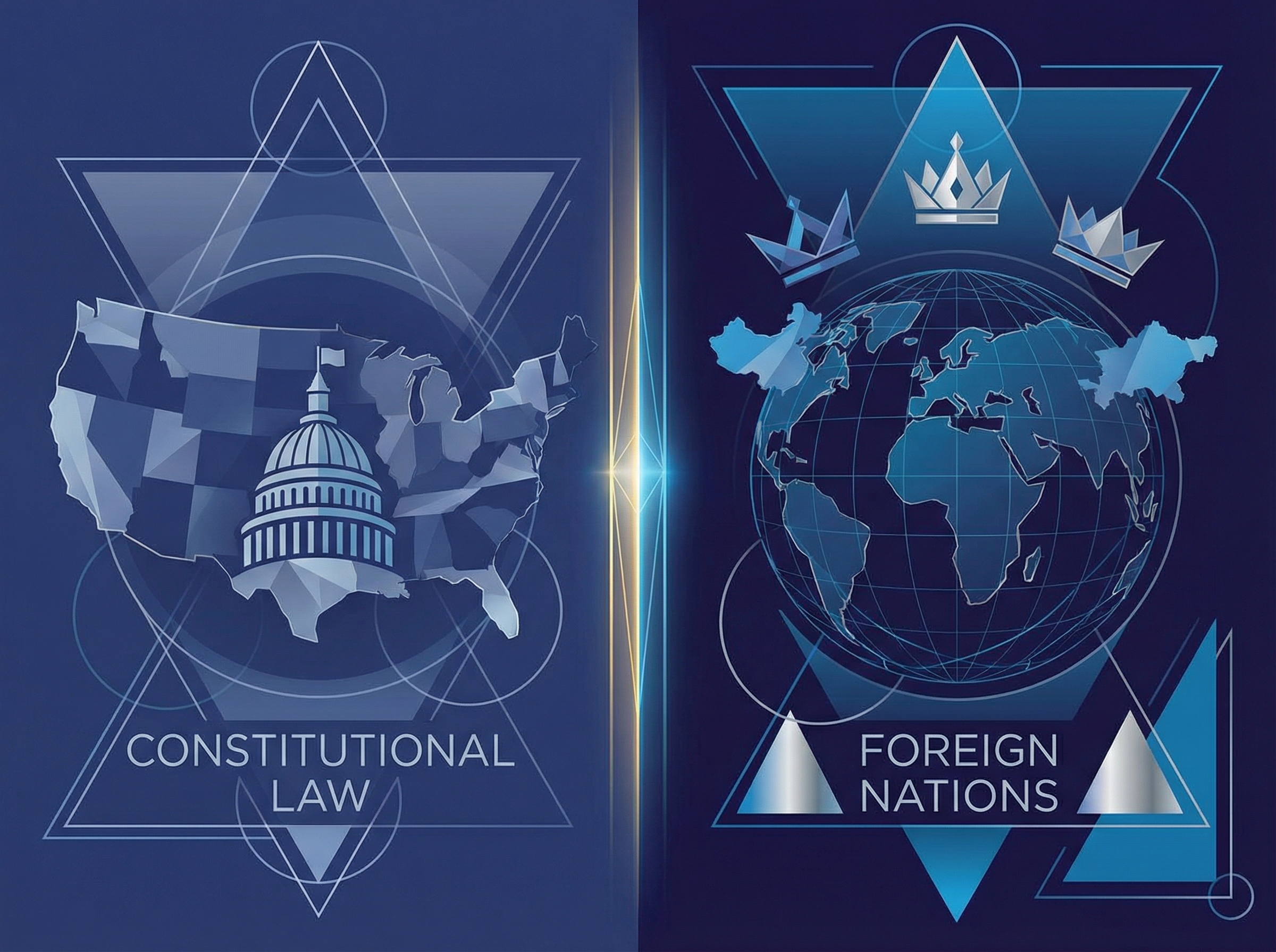 Split composition showing American map and globe with foreign nations