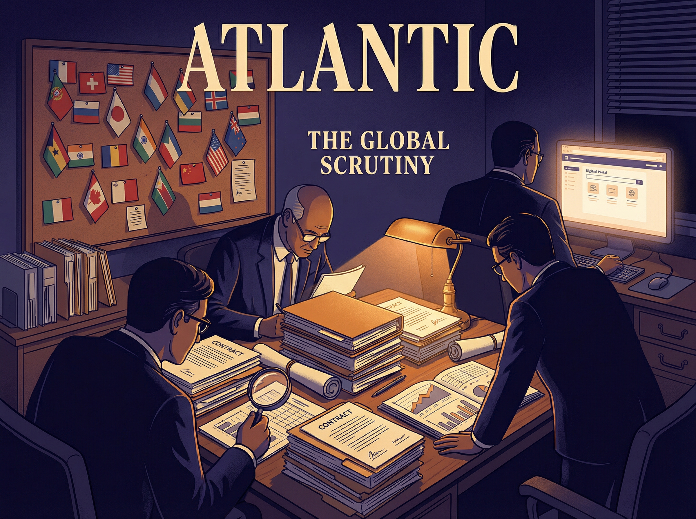 University compliance office with administrators sorting international documents, digital surveillance portal glowing on screen