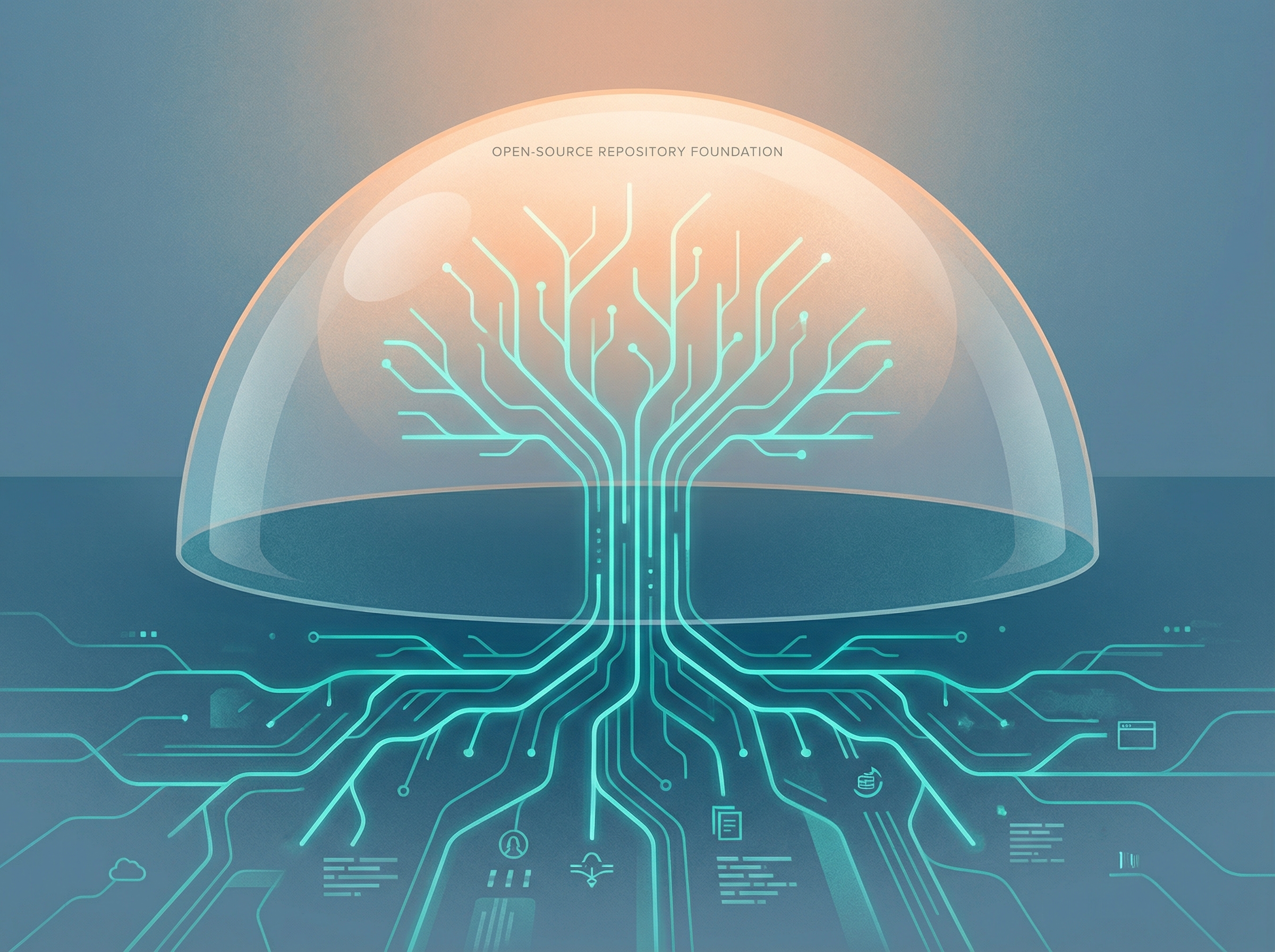 A glowing code tree with teal roots branching outward, surrounded by a transparent protective dome