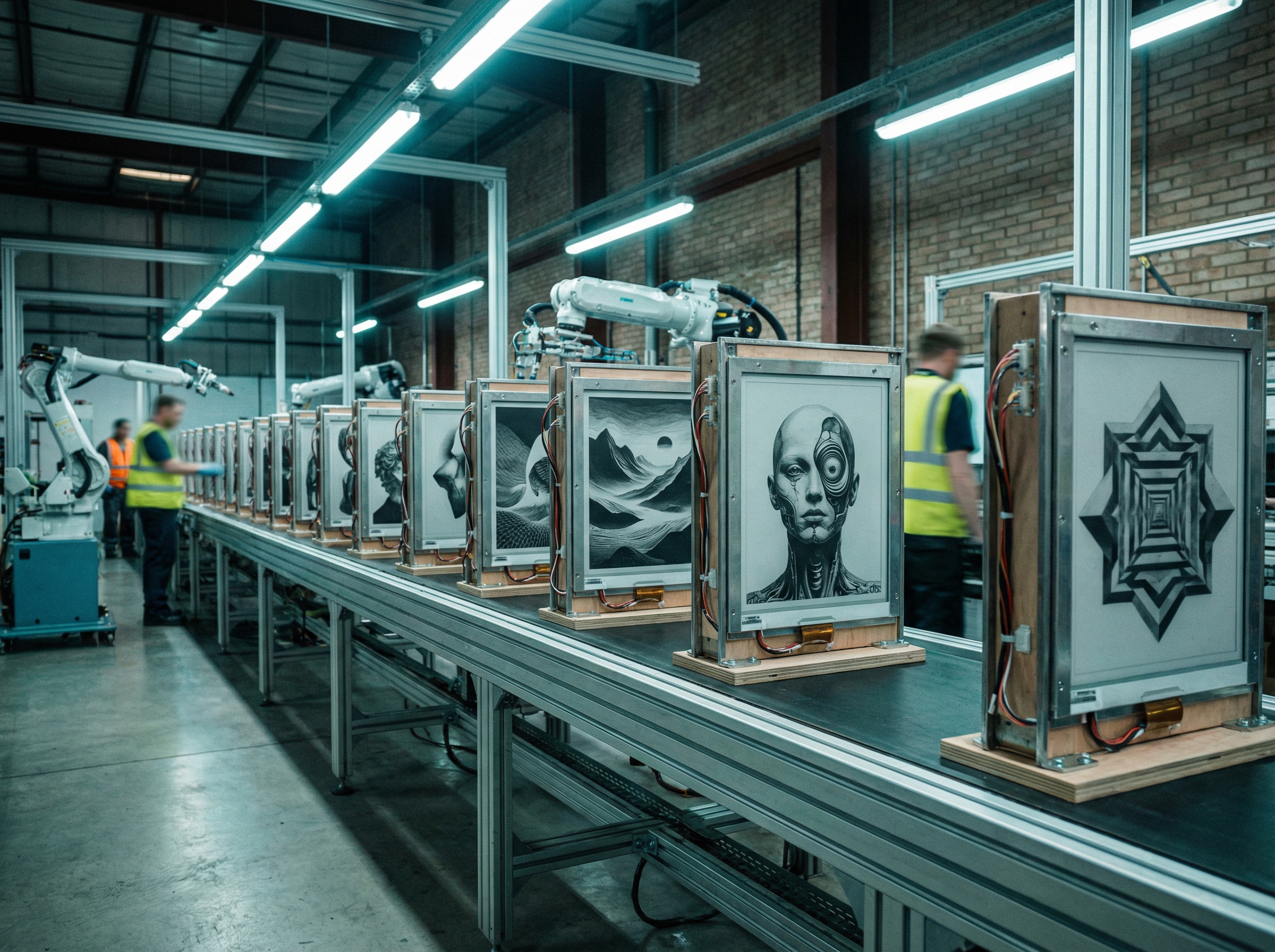 E-ink frames on a production line, each displaying different AI-generated artwork