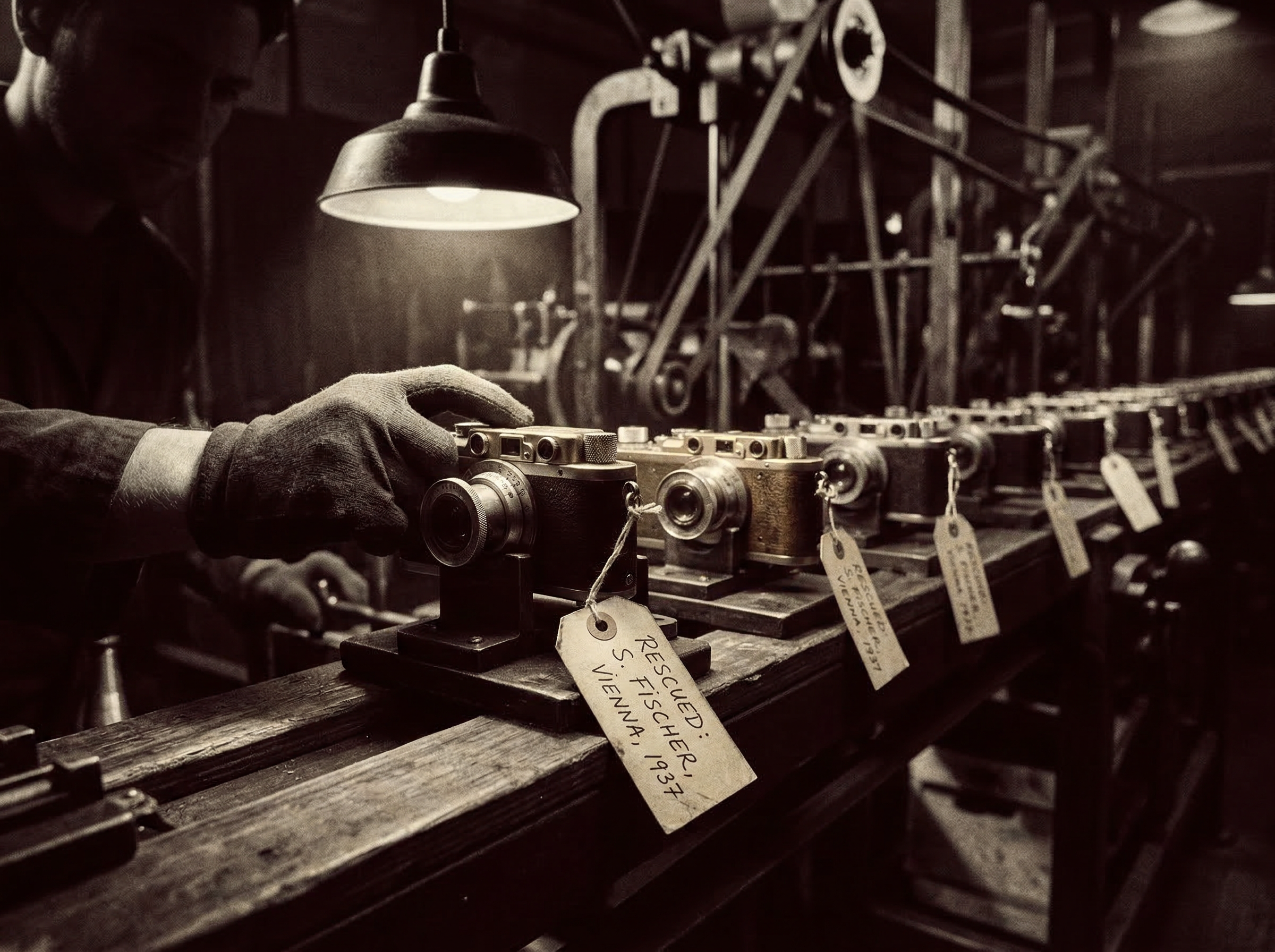 Leica cameras on a 1930s factory assembly line, each representing a life saved, dramatic chiaroscuro lighting