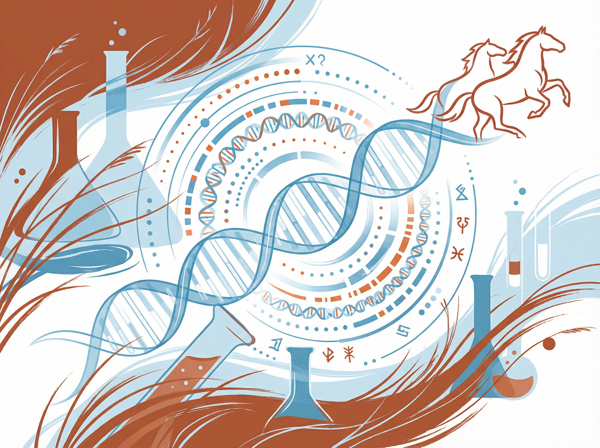 Abstract visualization of DNA double helix transforming into galloping Mongol horses
