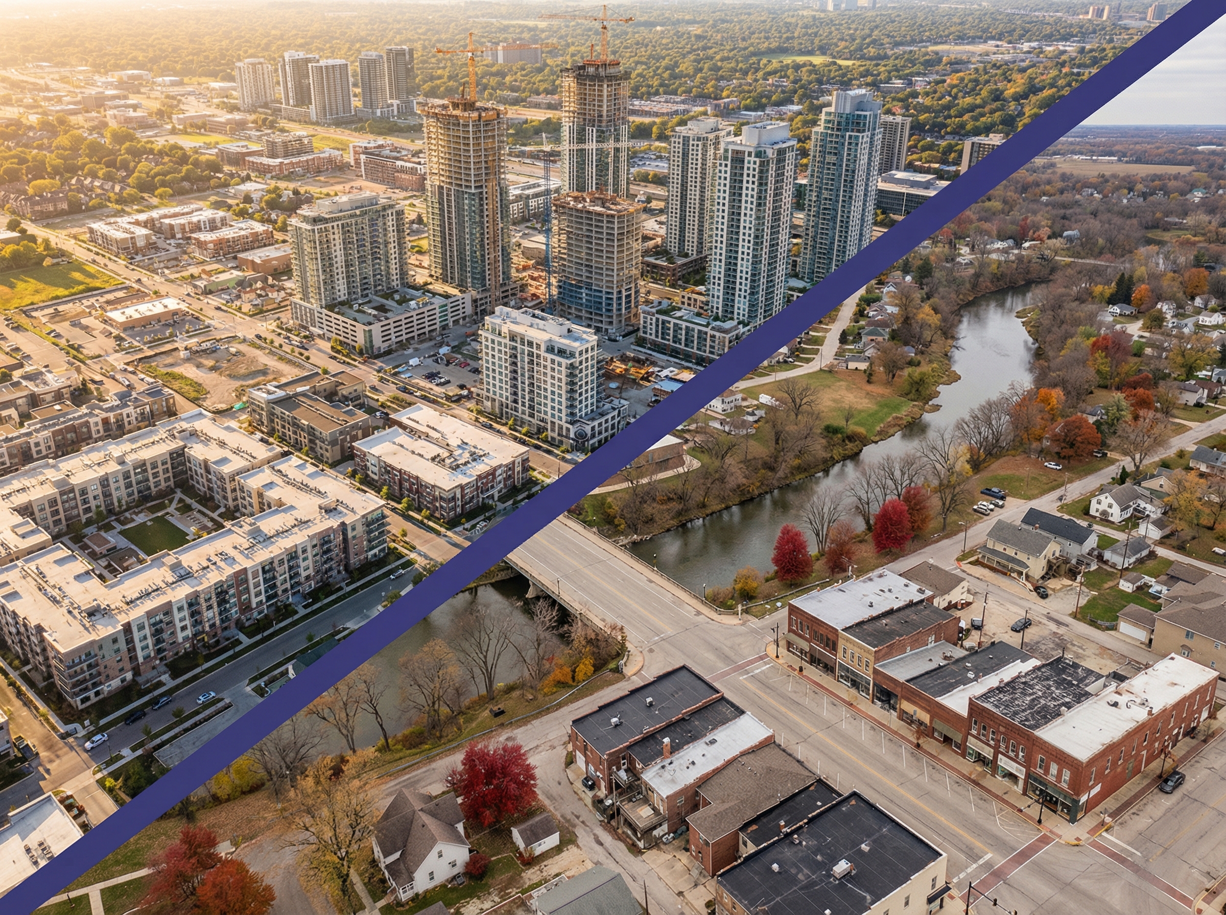 Split aerial view contrasting thriving Sunbelt city with quiet declining Midwest town