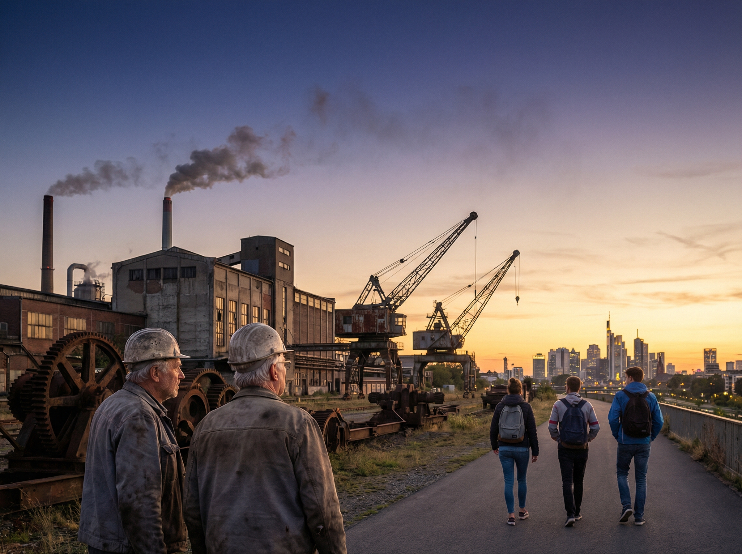 German industrial landscape with older workers looking toward horizon while younger generation walks toward distant city