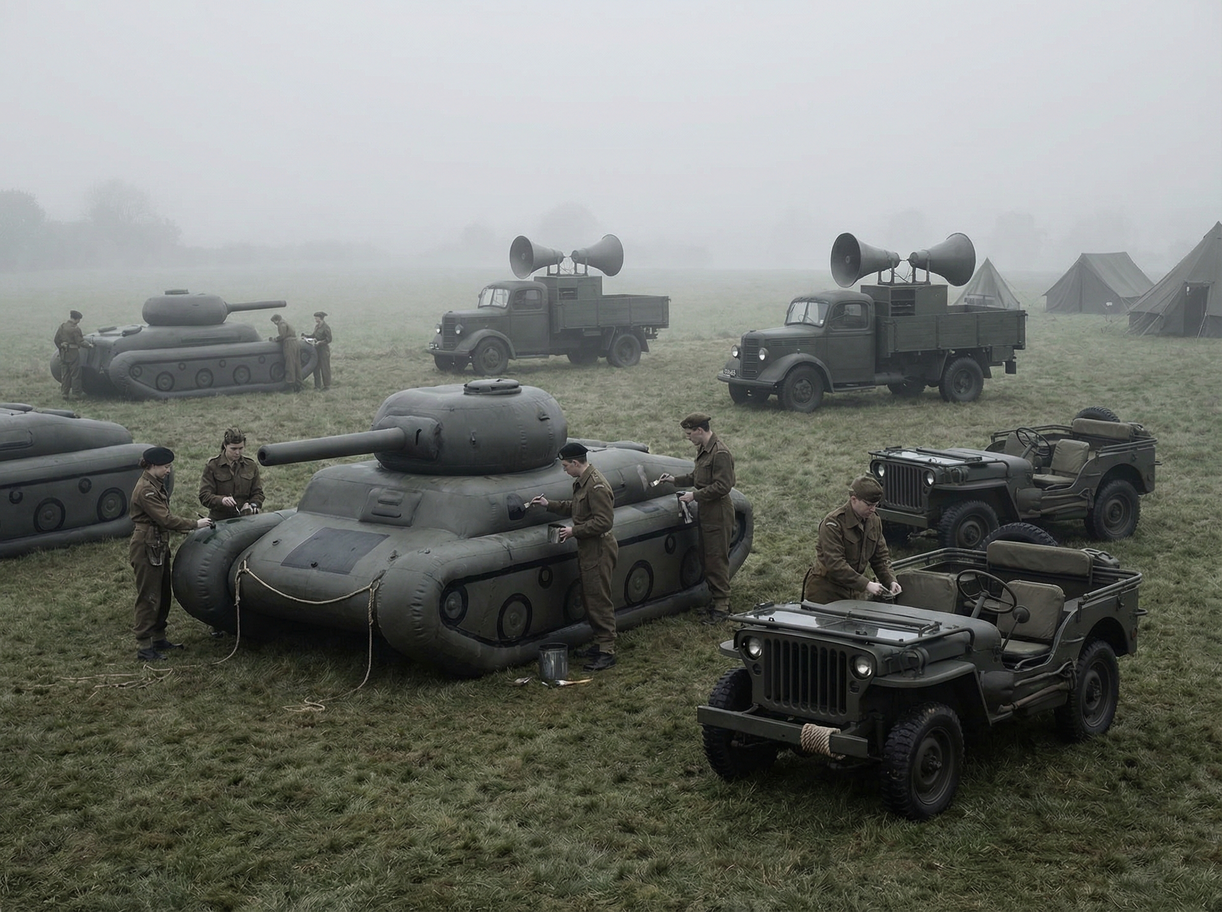 Inflatable rubber decoy tanks arranged in a foggy English field, surreal wartime deception