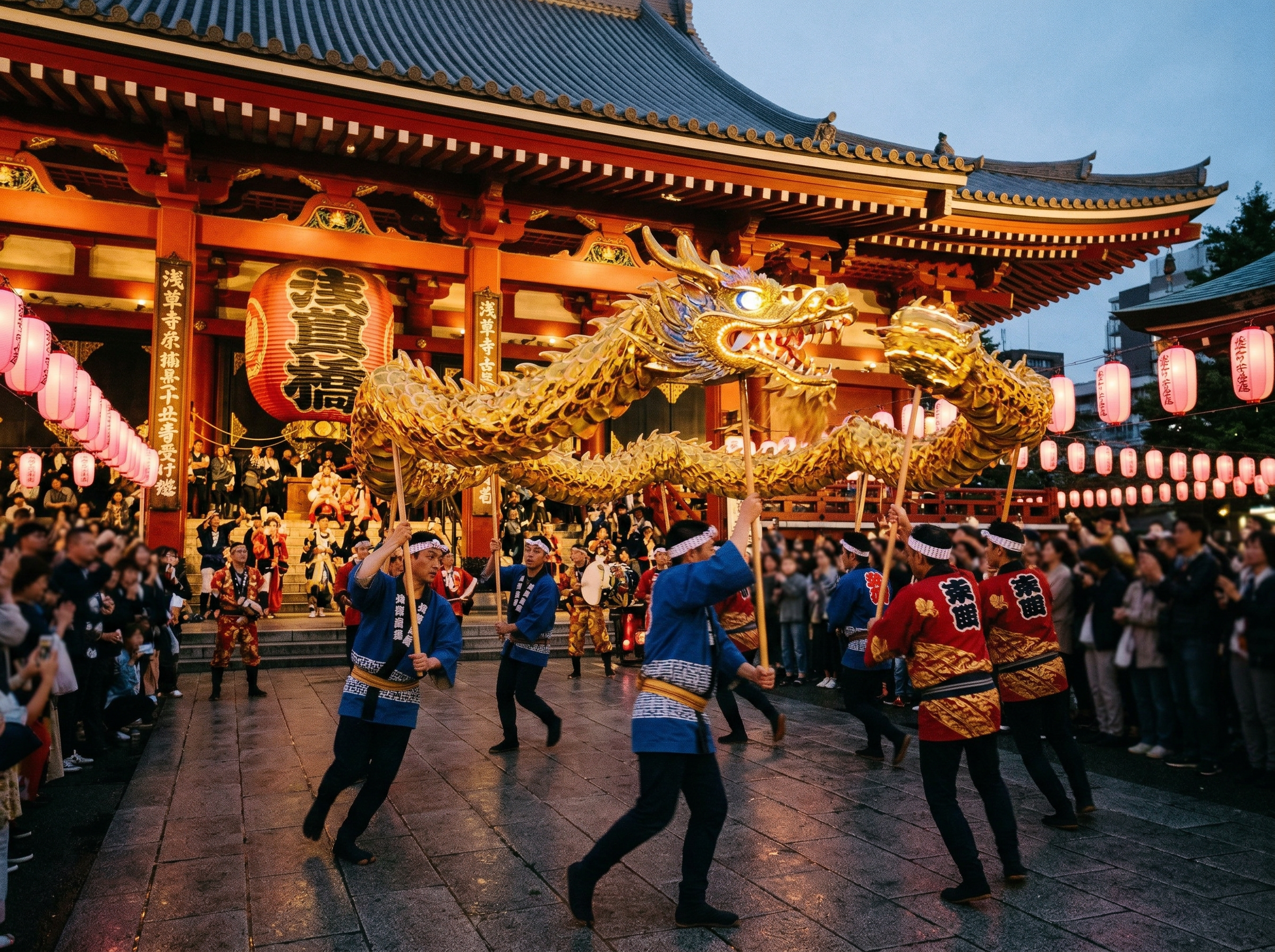 Golden dragon dance performance at Senso-ji Temple with red pillars and lanterns