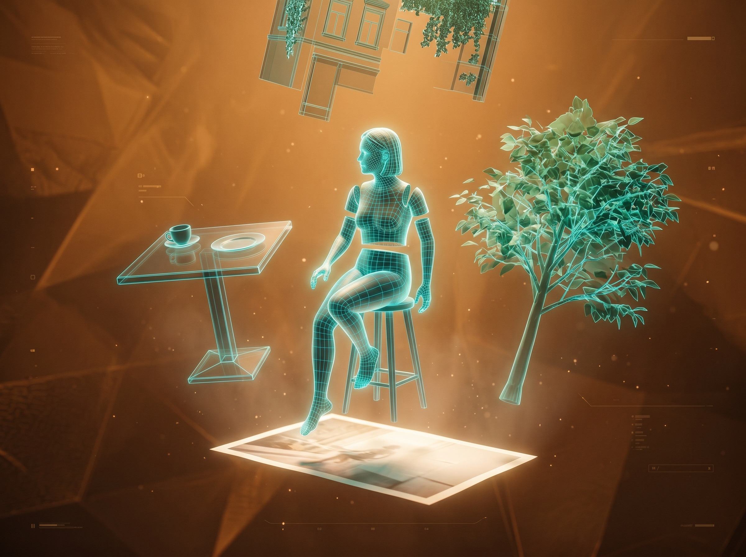 A photograph being deconstructed into floating translucent objects in 3D space, like layers in a digital editing suite