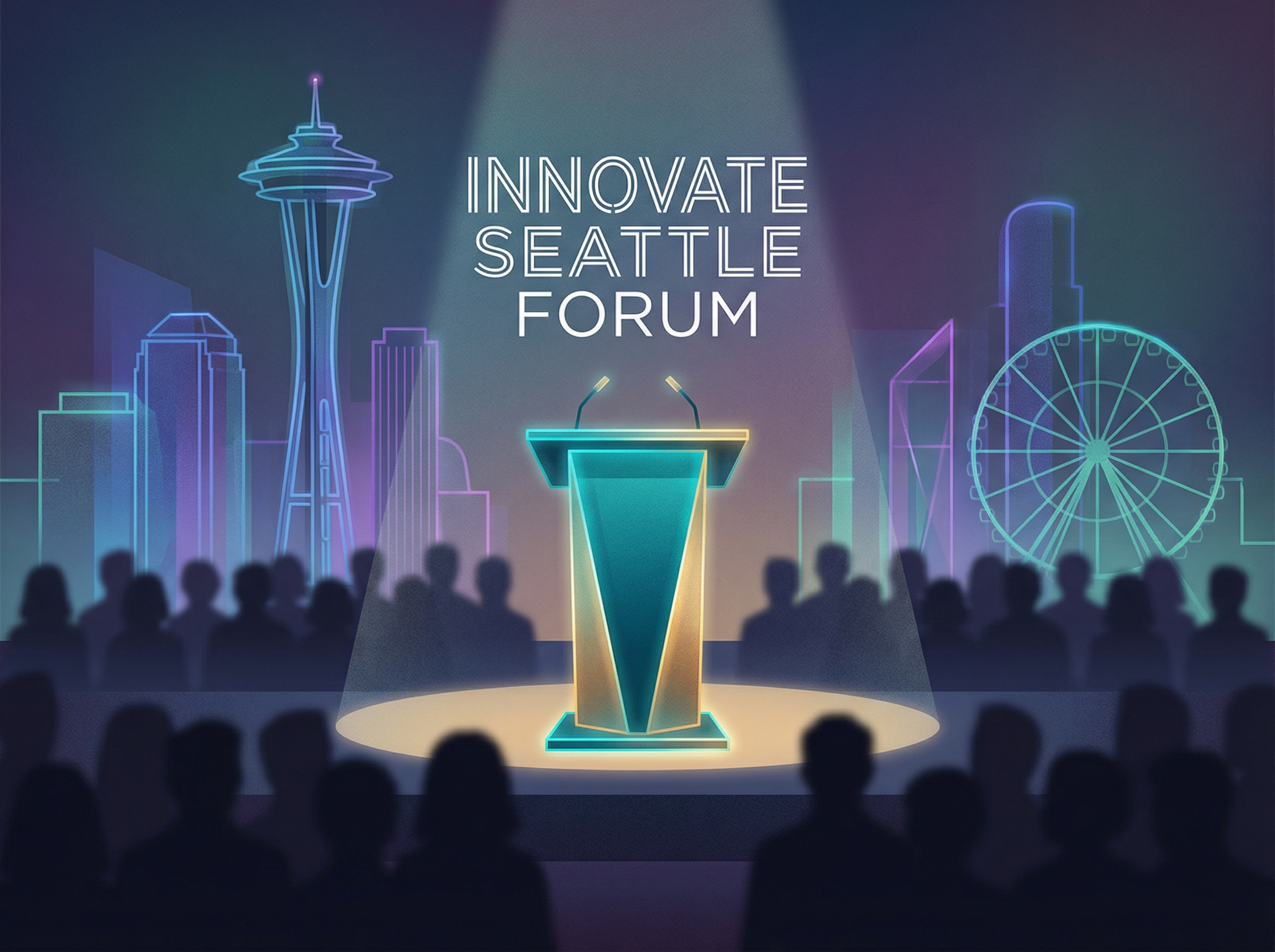 Abstract conference stage with Seattle skyline and speaker spotlight