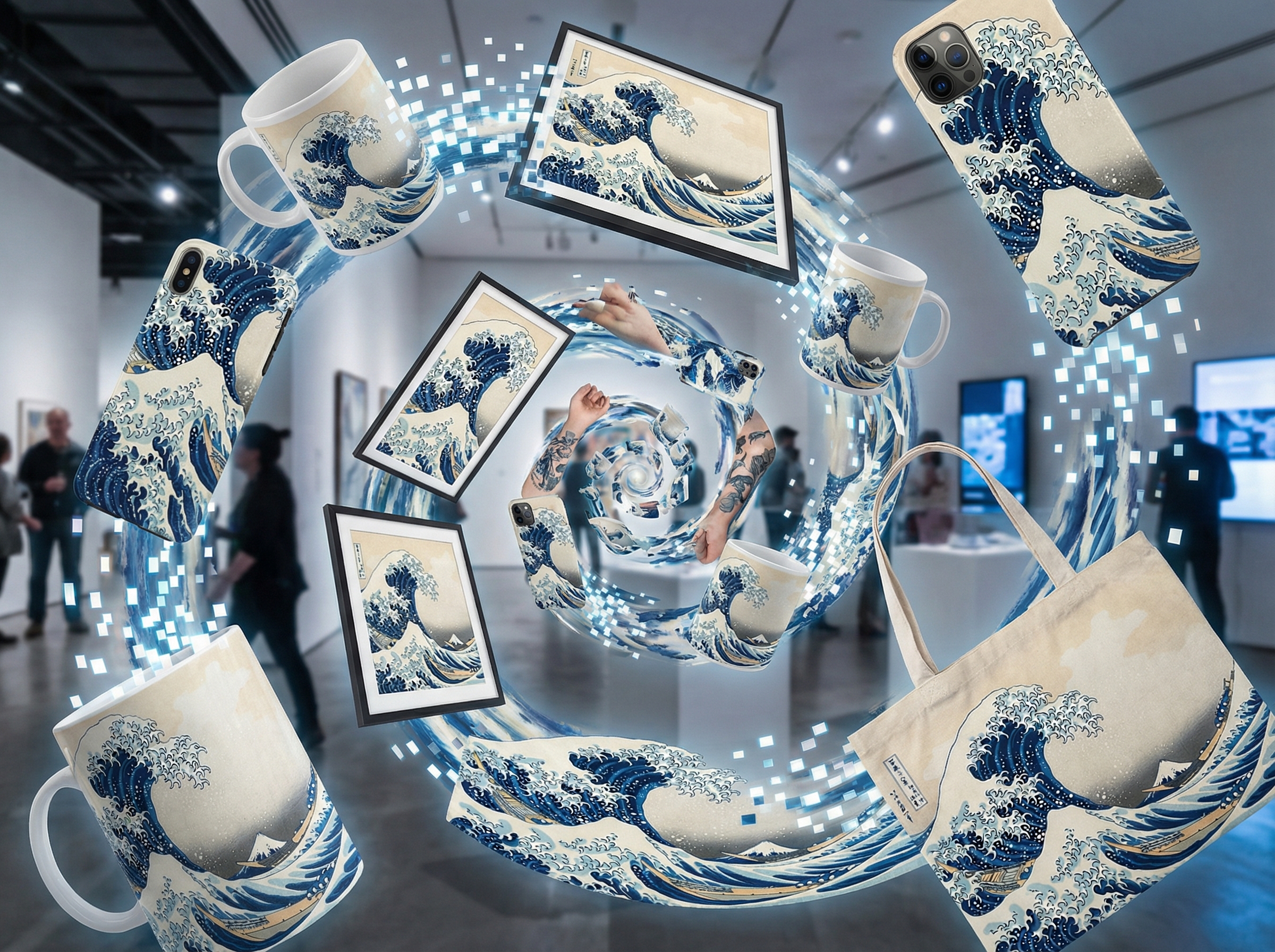 The Great Wave multiplied across modern surfaces - mugs, phones, posters, tattoos