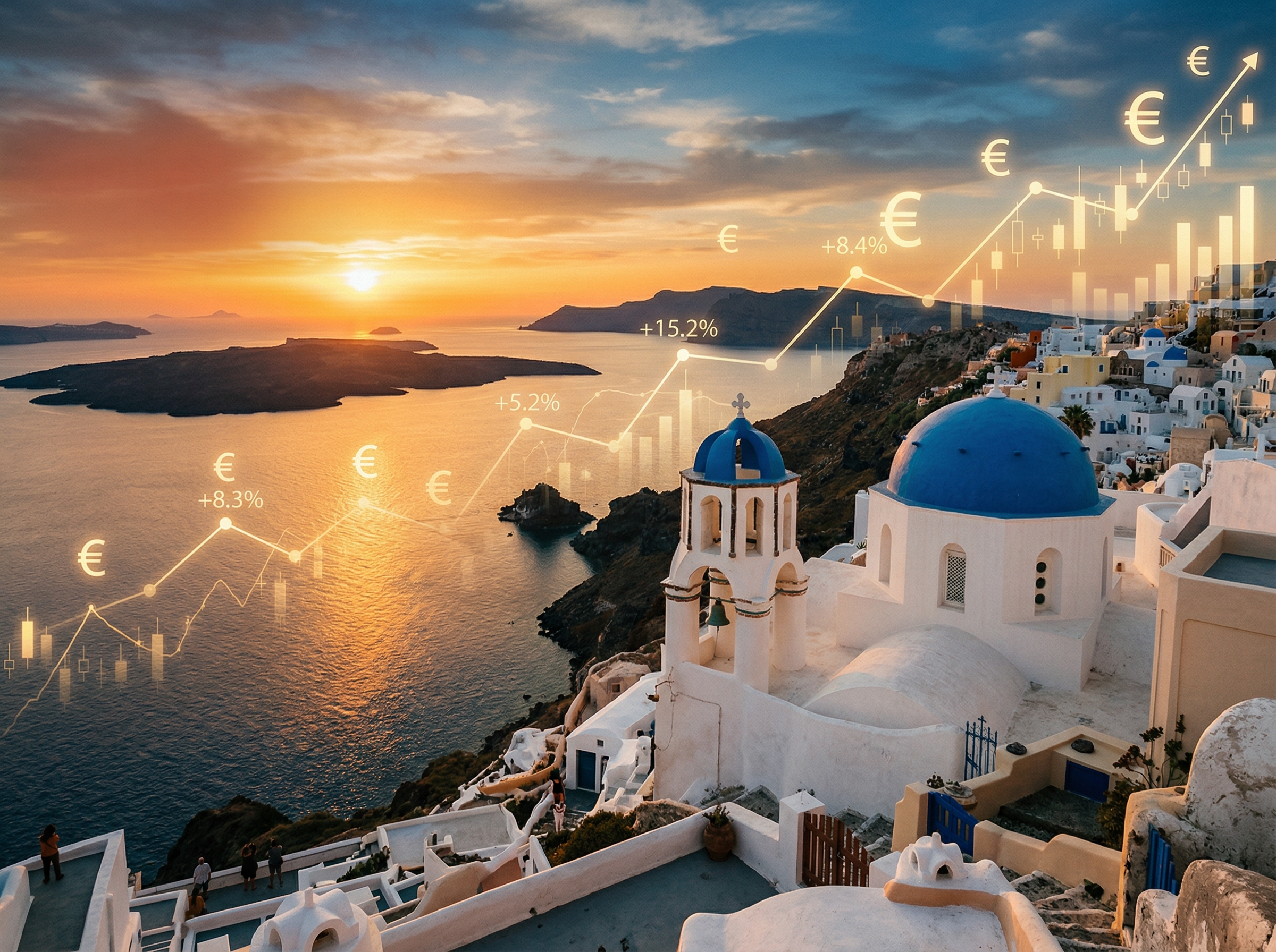 Santorini blue-domed church overlooking the caldera at sunset