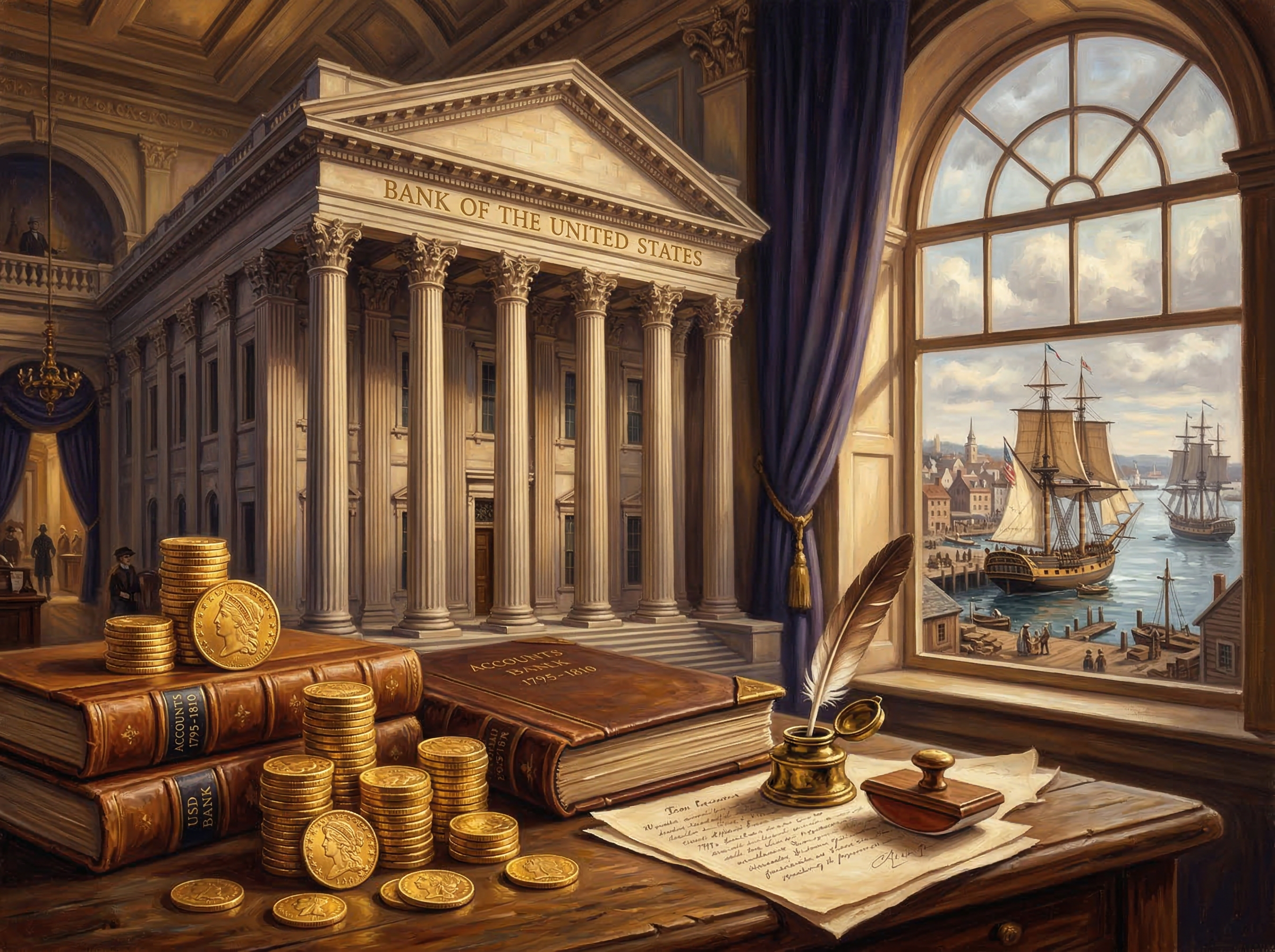 A neoclassical bank building with columns, gold coins and ledgers in foreground, early American ships in a harbor