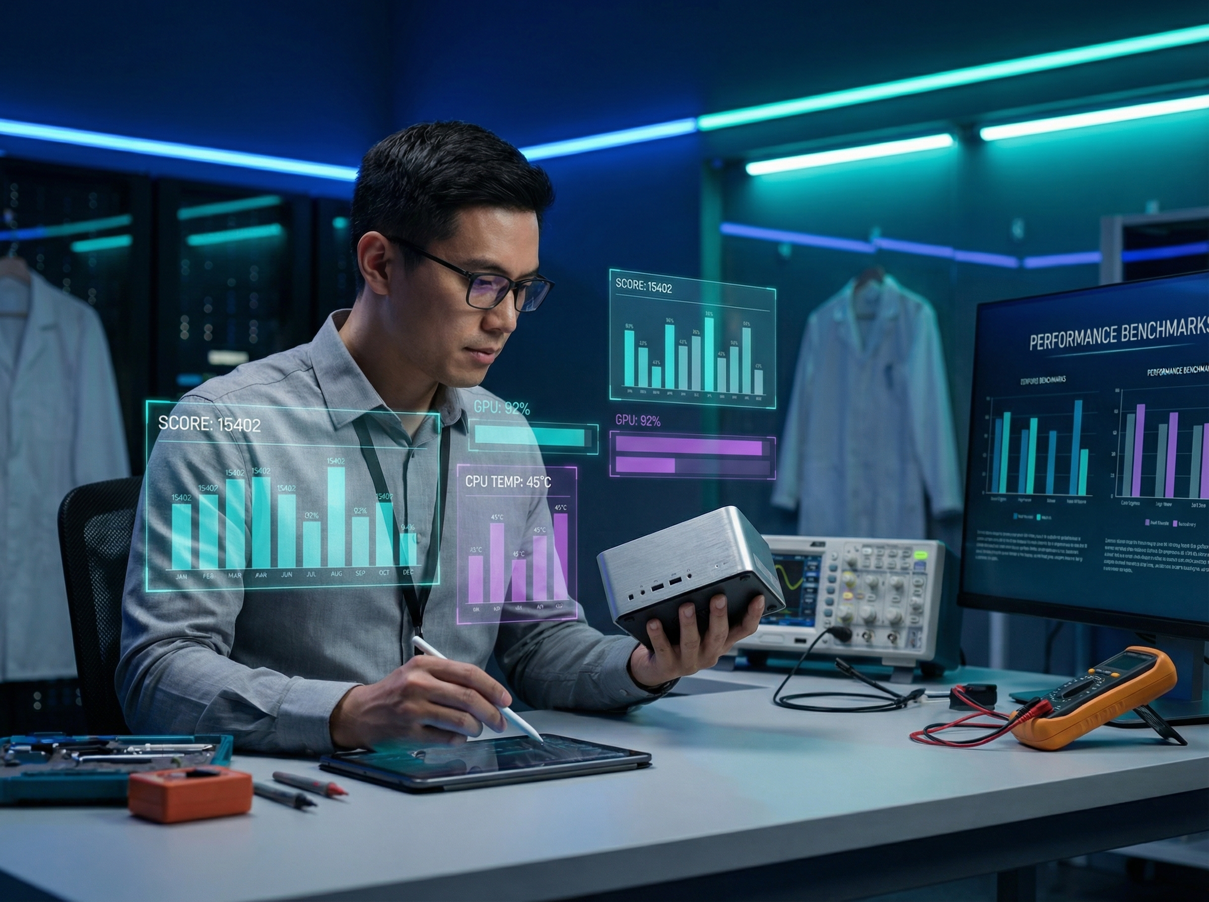 Technical reviewer examining compact computing device with holographic benchmark displays