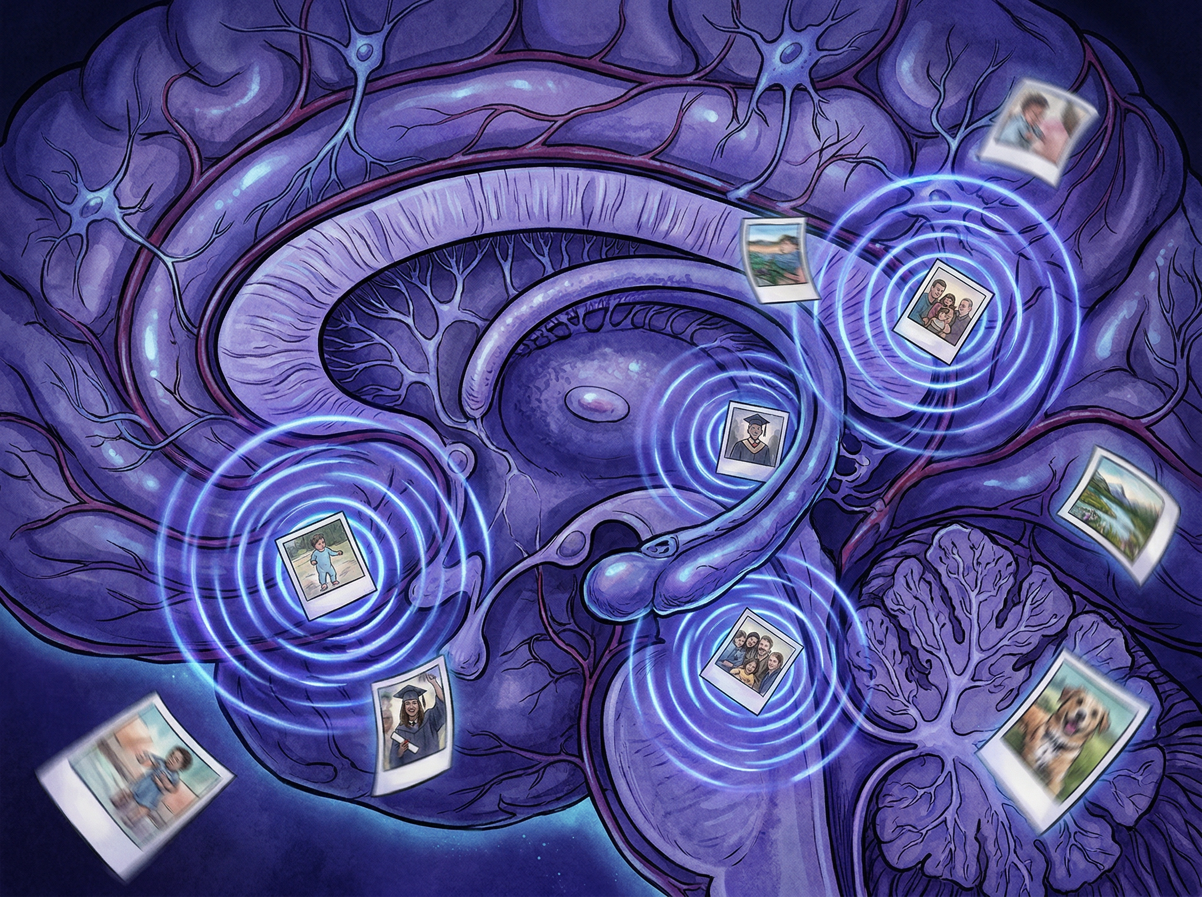 Macro cross-section of a brain with glowing indigo ripples emanating from the hippocampus, capturing tiny film frames like polaroid snapshots