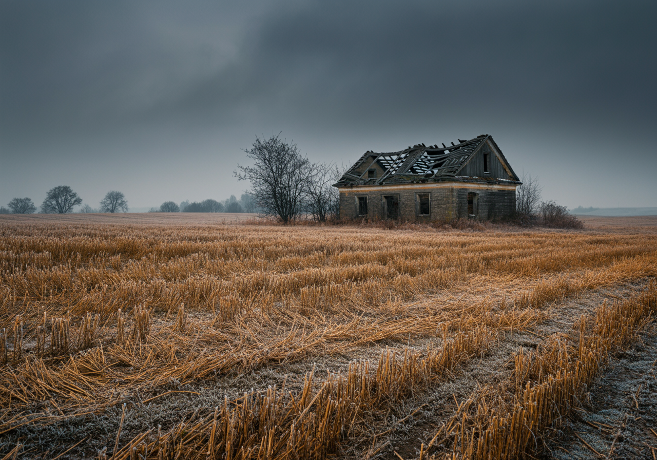 Winter Ukrainian wheat field with abandoned farmhouse in distance
